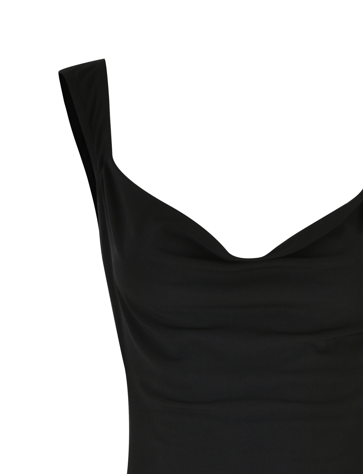 A close-up of the sleeveless TIGERMIST ZITA MINI DRESS - BLACK features a draped neckline, wide shoulder straps, and a chic A-line silhouette, shown from the upper part against a plain white background.