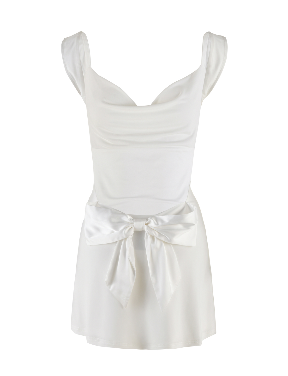 The ZITA MINI DRESS - WHITE by TIGERMIST is a sleeveless mini dress featuring a sweetheart neckline, wide shoulder straps, an A-line silhouette, and a statement satin bow tied at the front waist.