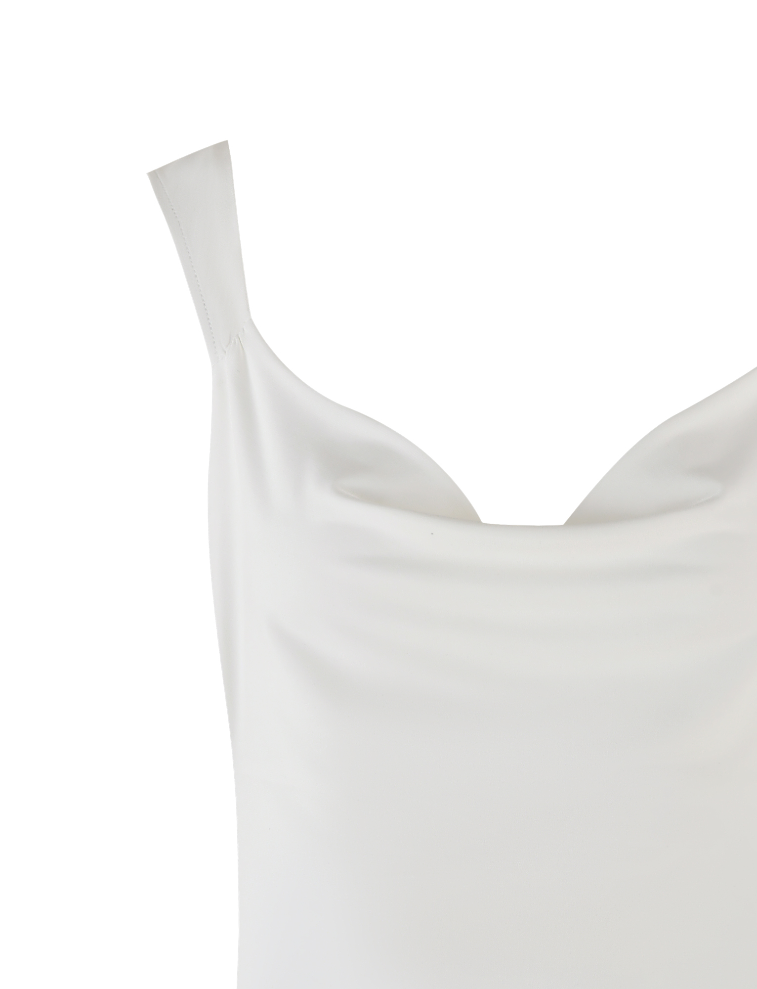 A close-up of the upper part of the TIGERMIST ZITA MINI DRESS - WHITE, featuring a sleeveless design, draped neckline, and subtle A-line silhouette against a plain white background.