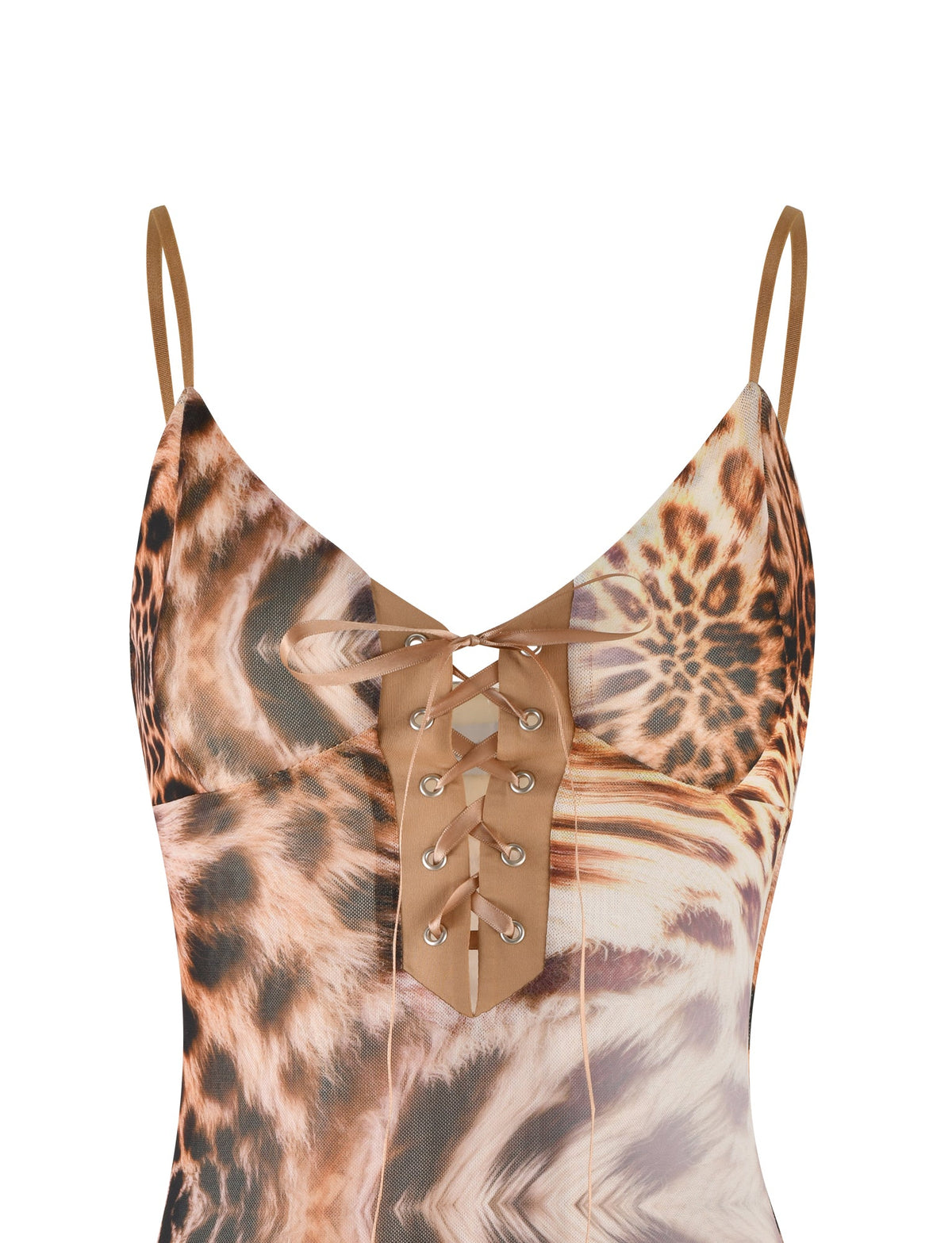 A close-up of the stylish TIGERMIST Kalilah Mini Dress - Neutral: Leopard Haze, highlighting its chic leopard print and adjustable spaghetti straps. The dress features a V-neckline with a tan lace-up detail in the center, adorned with silver eyelets, creating a fashionable and eye-catching design.