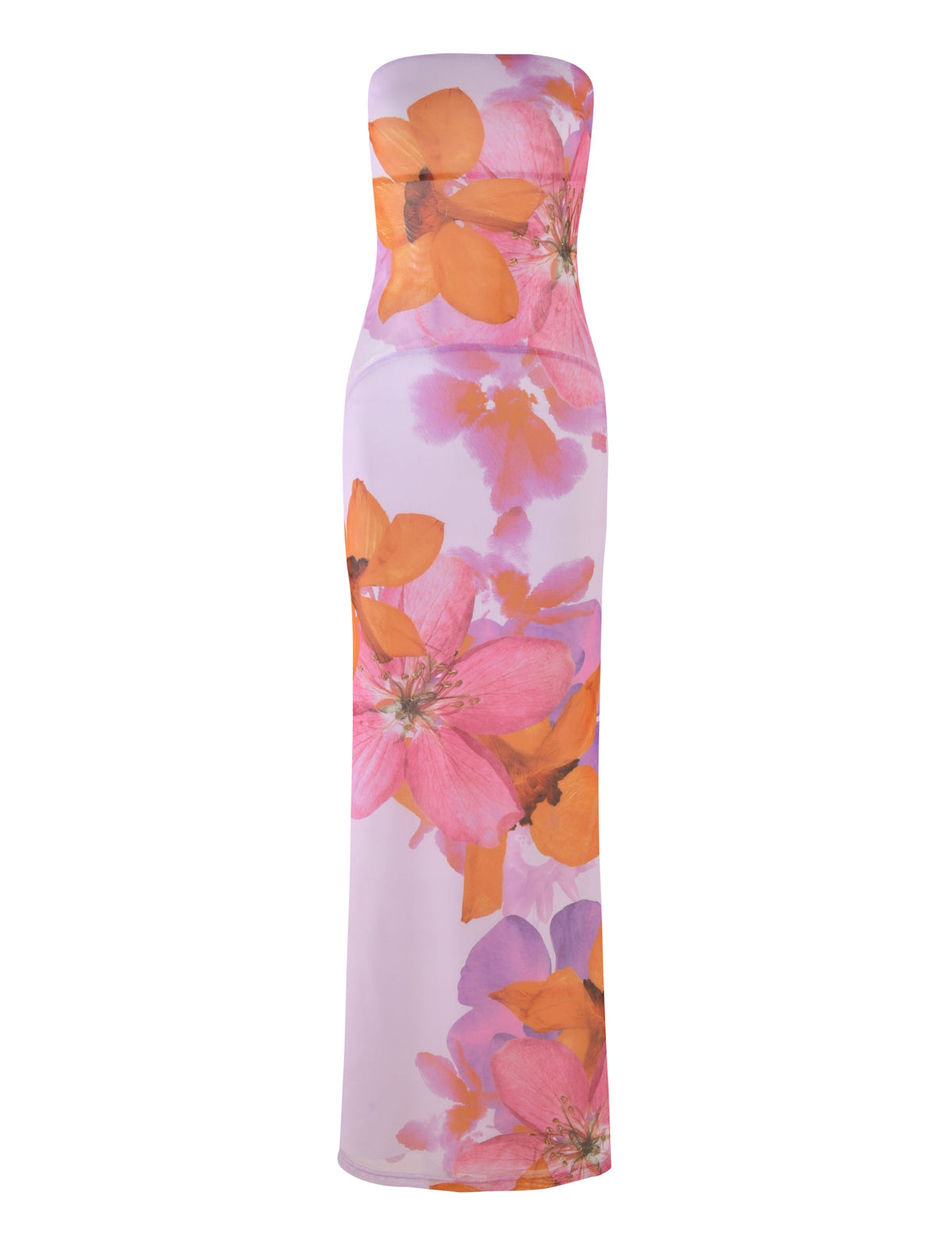 A strapless, floor-length bodycon dress from the TIGERMIST collection "BY POPPY SUMMER" called the MORGAN DRESS - PINK, featuring a vibrant floral print in shades of pink, orange, and purple on a light background.