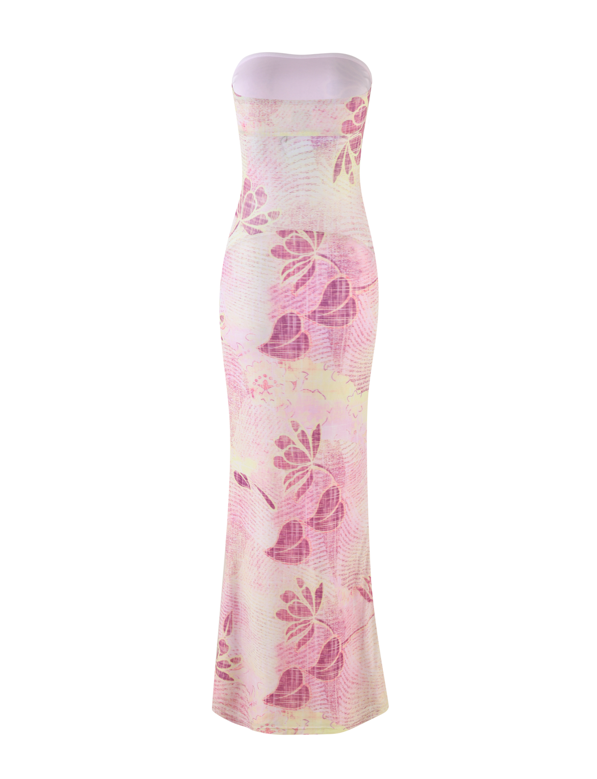 The TIGERMIST MORGAN MESH DRESS - GRUNGE FLORAL MAGENTA features a strapless neckline, floor-length bodycon fit, and pink floral print with large leaves and textured details on a light background.
