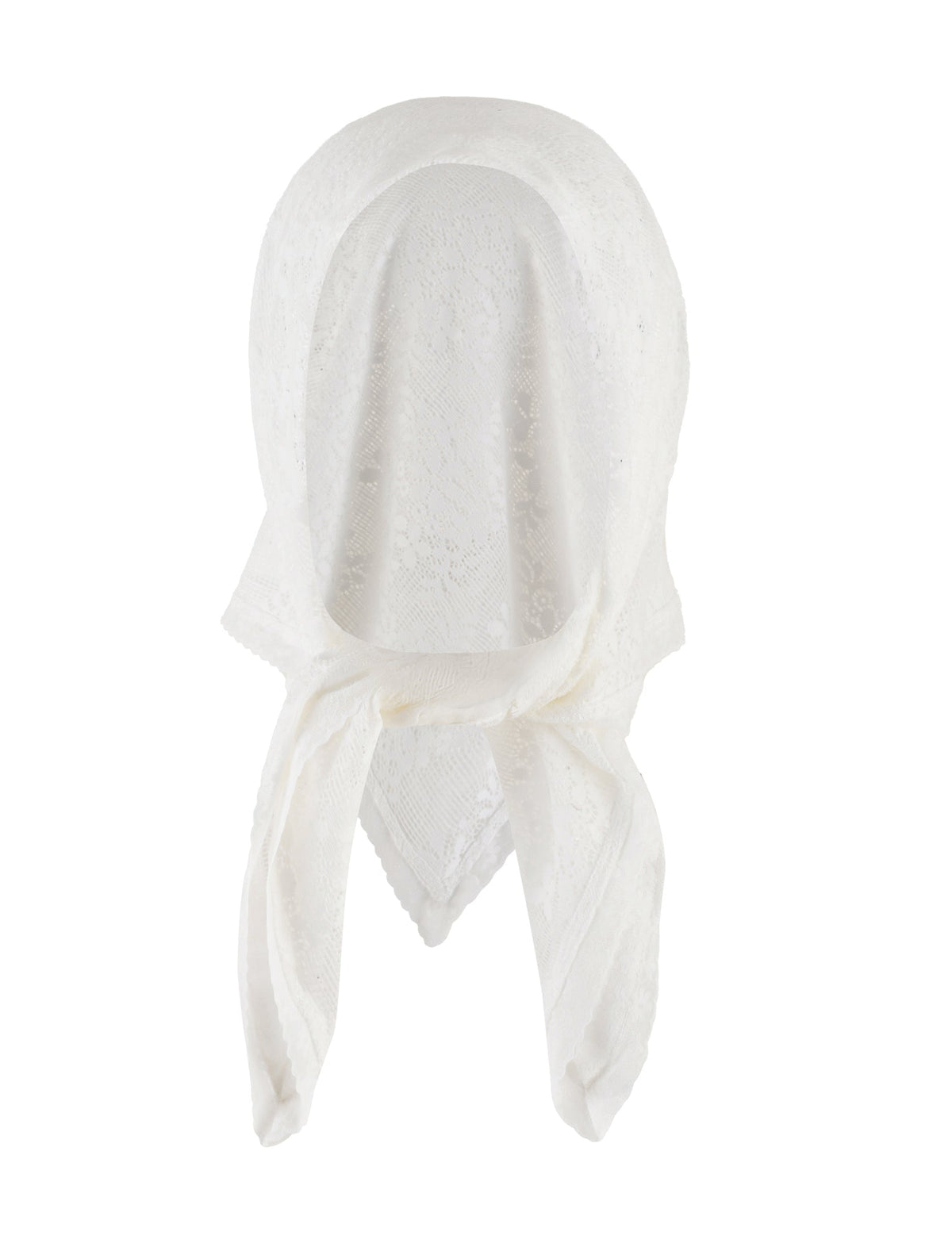 A woman is wearing a strapless, white lace top and a brown, ruffled mini skirt. She has long, wavy dark hair and is accessorized with rings, a bracelet, and the elegantly draped BRIONY SCARF - WHITE by TIGERMIST. The background is plain white.