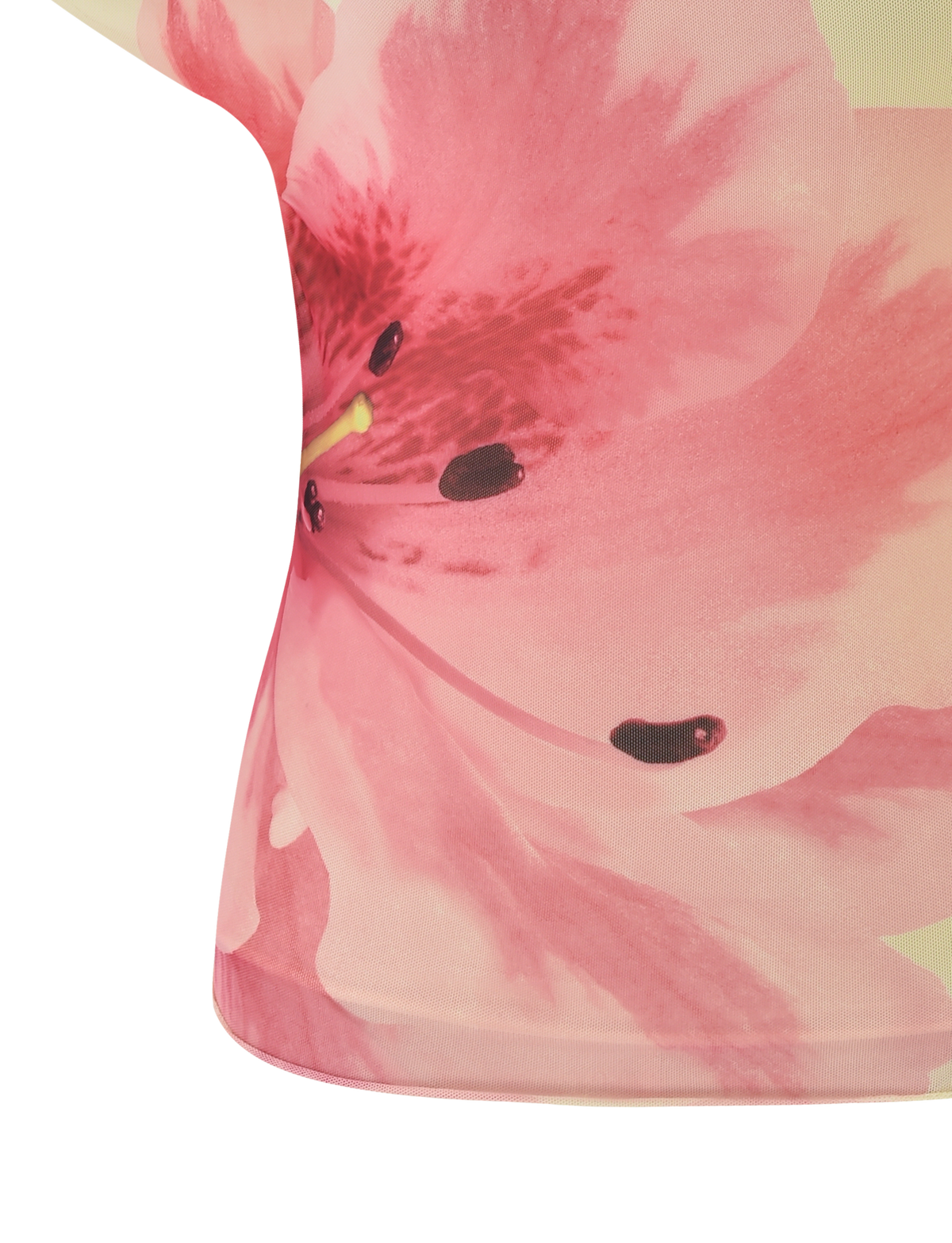 A close-up of the TIGERMIST LILLIAN TOP in yellow, showcasing a bold floral design with dark details at the center and petals spread across its mesh fabric.
