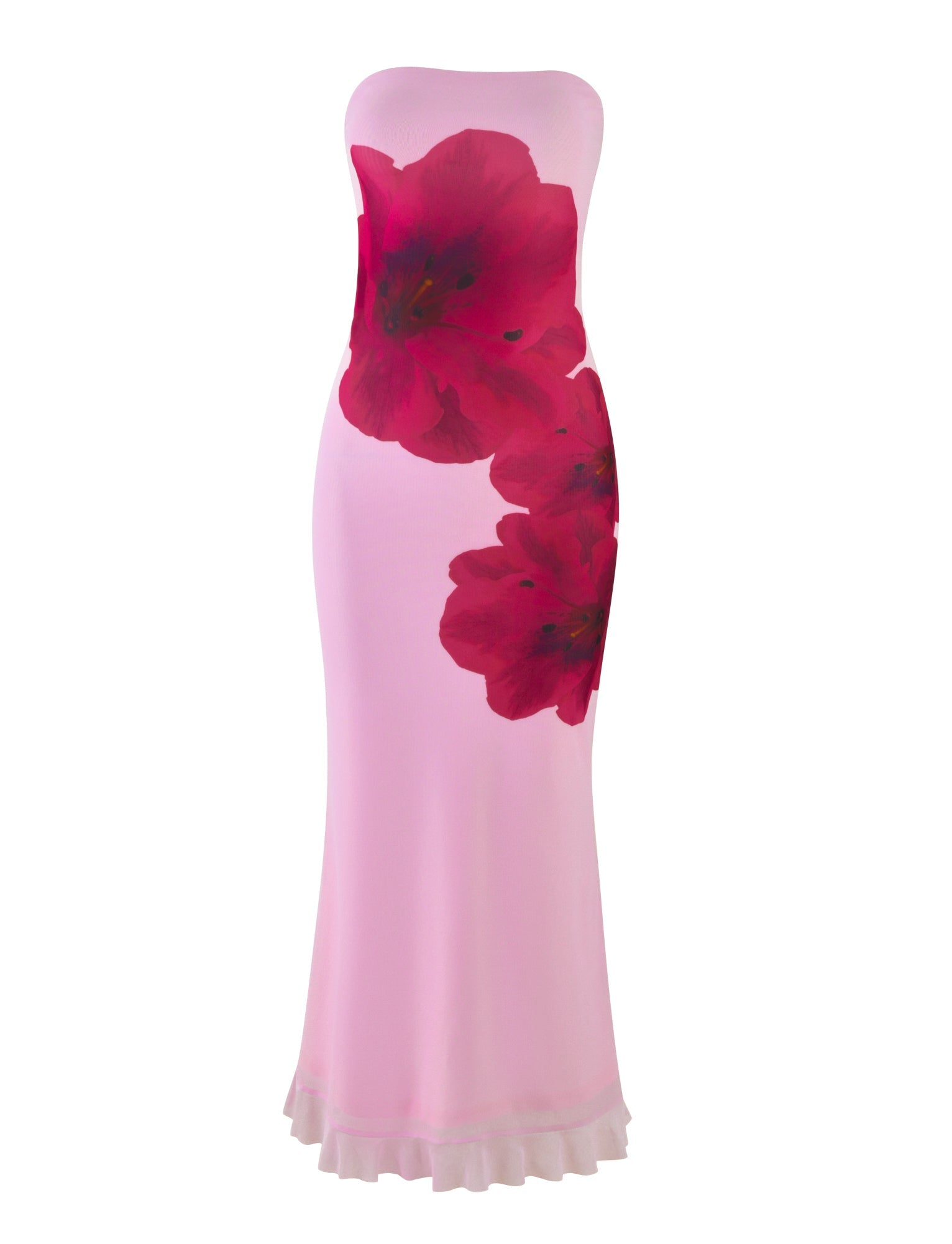 The LILLIAN DRESS - PINK by TIGERMIST is a strapless, floor-length dress in baby pink featuring large, vibrant red flowers on one side. The floral print beautifully complements the form-fitting silhouette that slightly flares at the bottom.