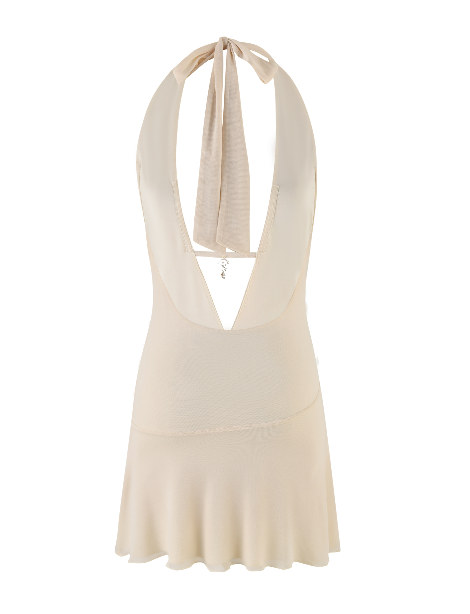 The BROOKS DRESS by TIGERMIST is a sleeveless cream floral halter mini with a plunging neckline, open back, flared hem, wide neck ties, and subtle waist seam.