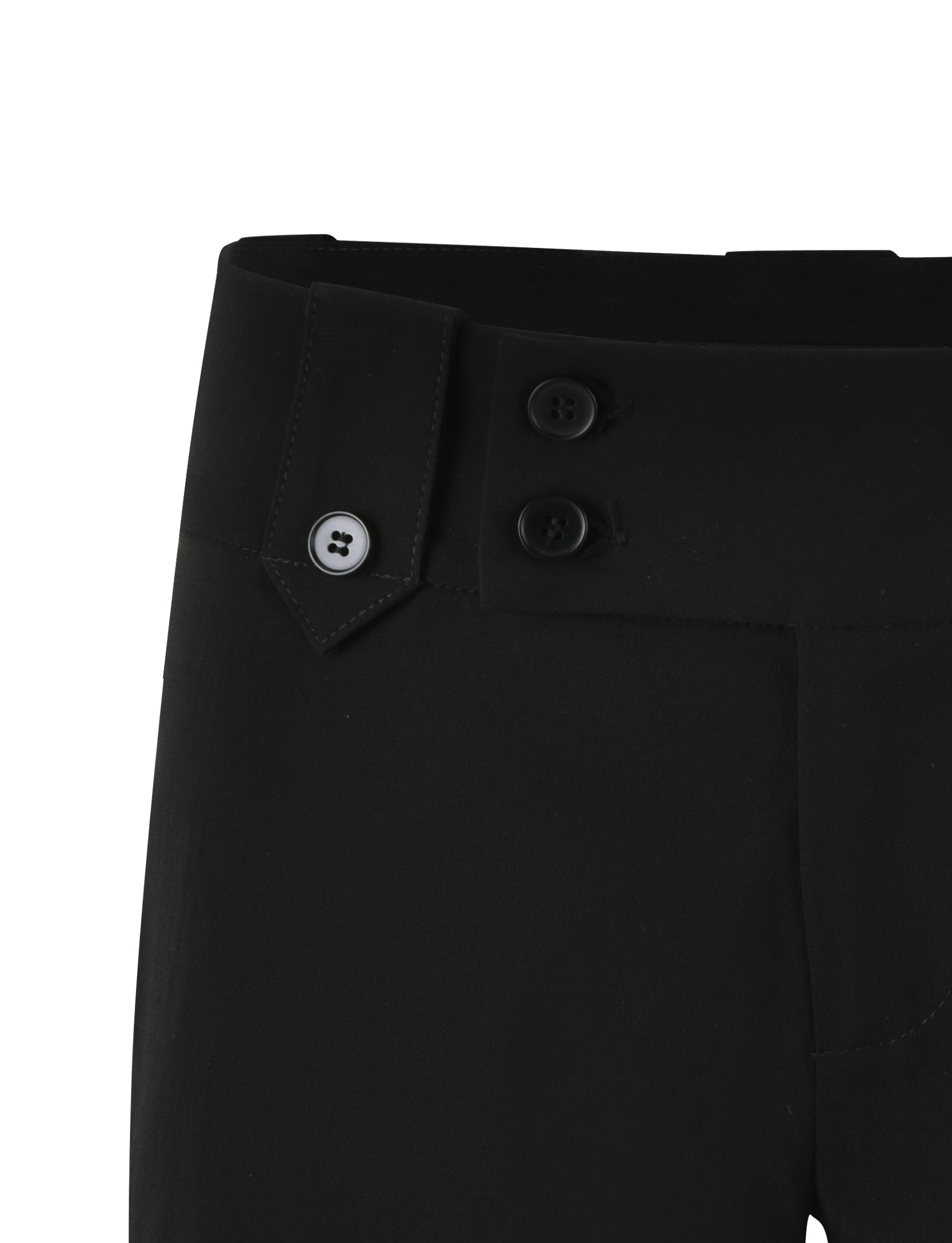 Close-up image of the waistband of the KITTIE SHORT - BLACK by TIGERMIST, featuring a decorative tab with a single button on the left side and two functional black buttons on the right. The high stretch fabrication fabric appears smooth with visible stitching along the seams.