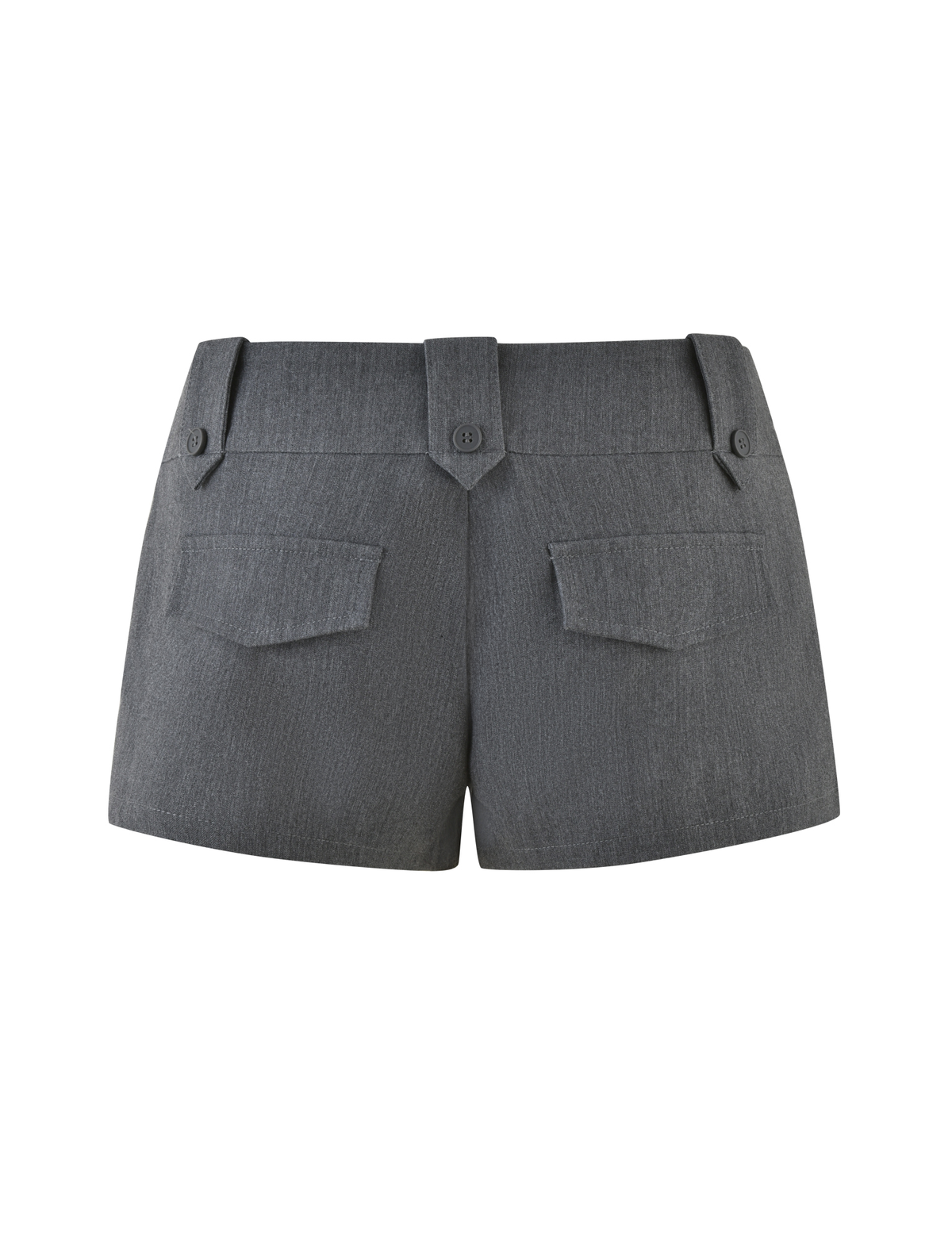 Back view of the TIGERMIST KITTIE SHORT - GREY, featuring a bodycon fit, two flap pockets, buttoned waistband, and belt loops, shown on a plain white background.
