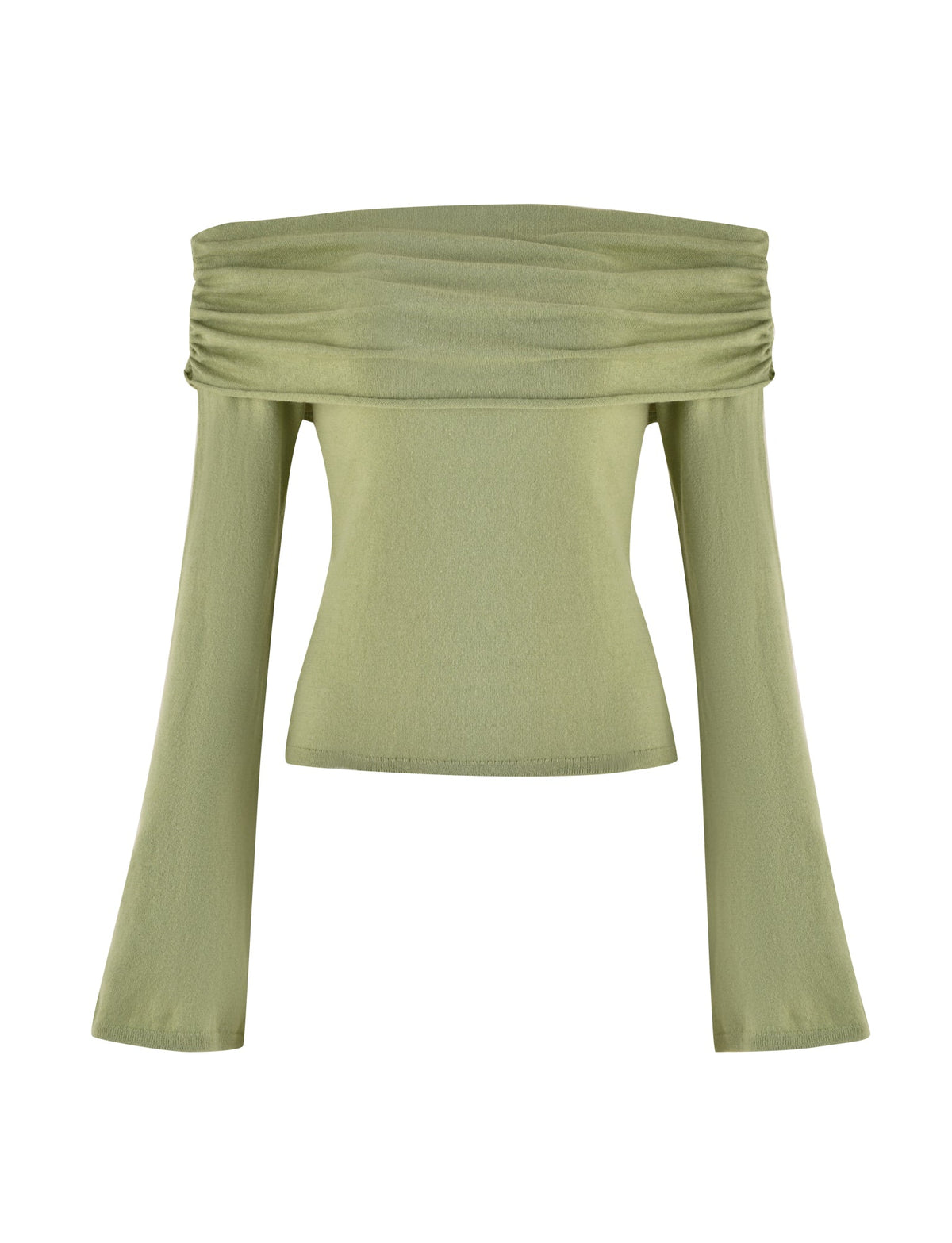 The DIEDRE JUMPER - GREEN by TIGERMIST is an off-the-shoulder, long-sleeve top that comes in a light green hue. This fitted semi-sheer knit features a ruched neckline and a fitted bodice with slightly flared sleeves. The fabric provides a smooth, silky appearance, ensuring both style and comfort.
