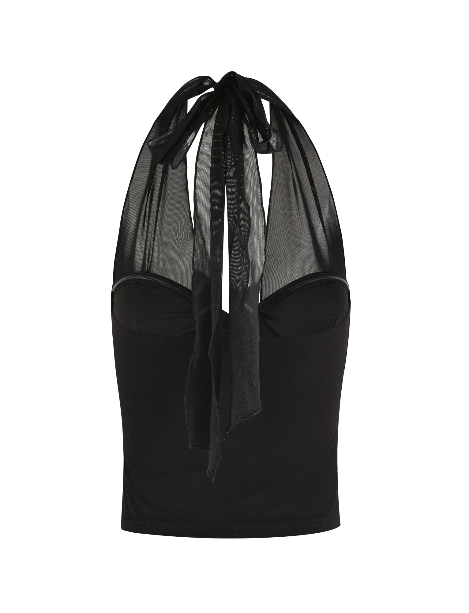 The GRANGER TOP - BLACK by TIGERMIST features a sweetheart neckline, sheer mesh straps that tie at the back, and a high-stretch bodycon fit for a comfortable, flattering look.