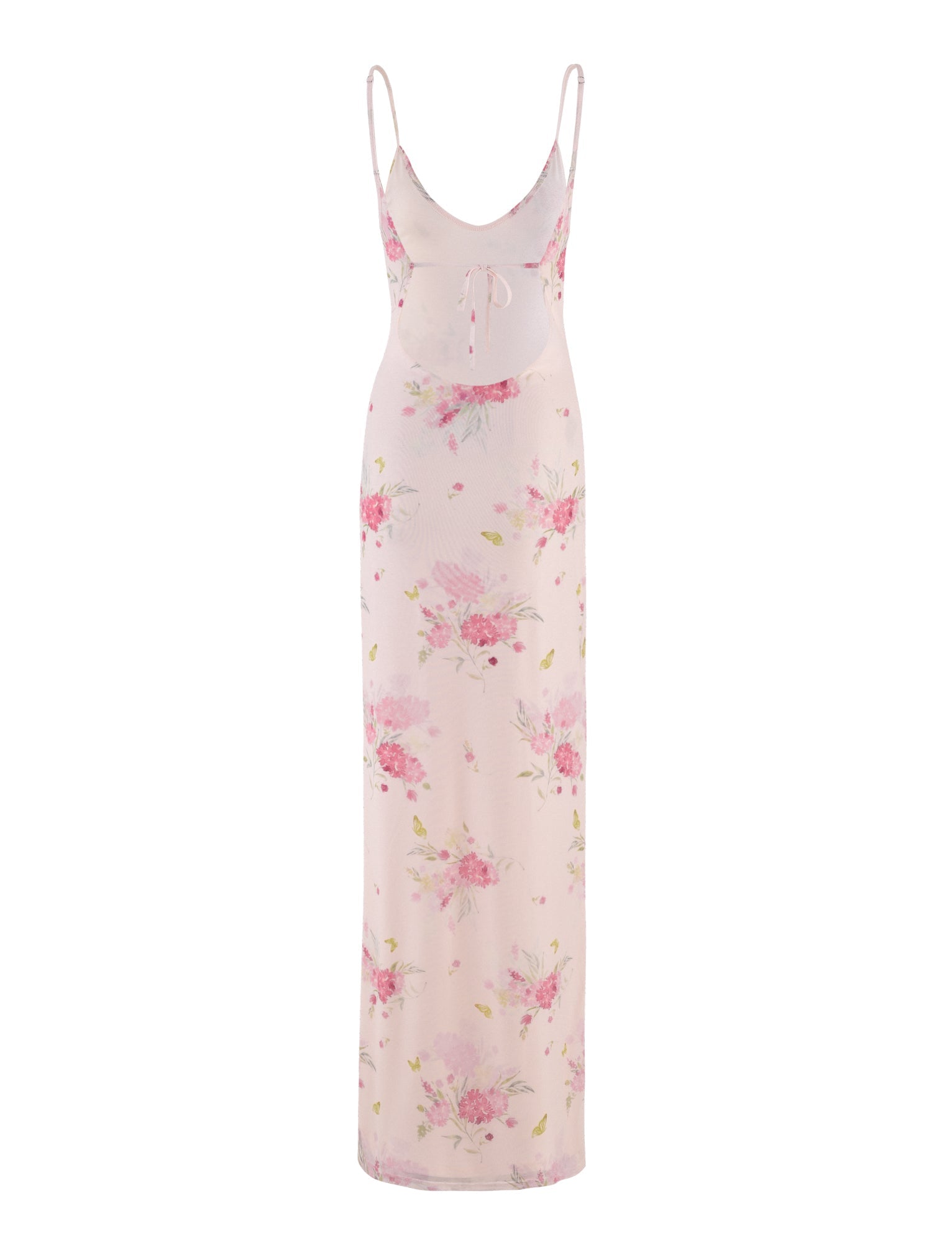 Discover the OSIRIS DRESS by TIGERMIST—a long, sleeveless creation in a soft pink hue with delicate watercolour floral prints. This stunning design features thin straps and an intricate pattern of pink and green flowers, accented by a fitted waistline and flowy maxi silhouette made with exquisite mesh fabrication.