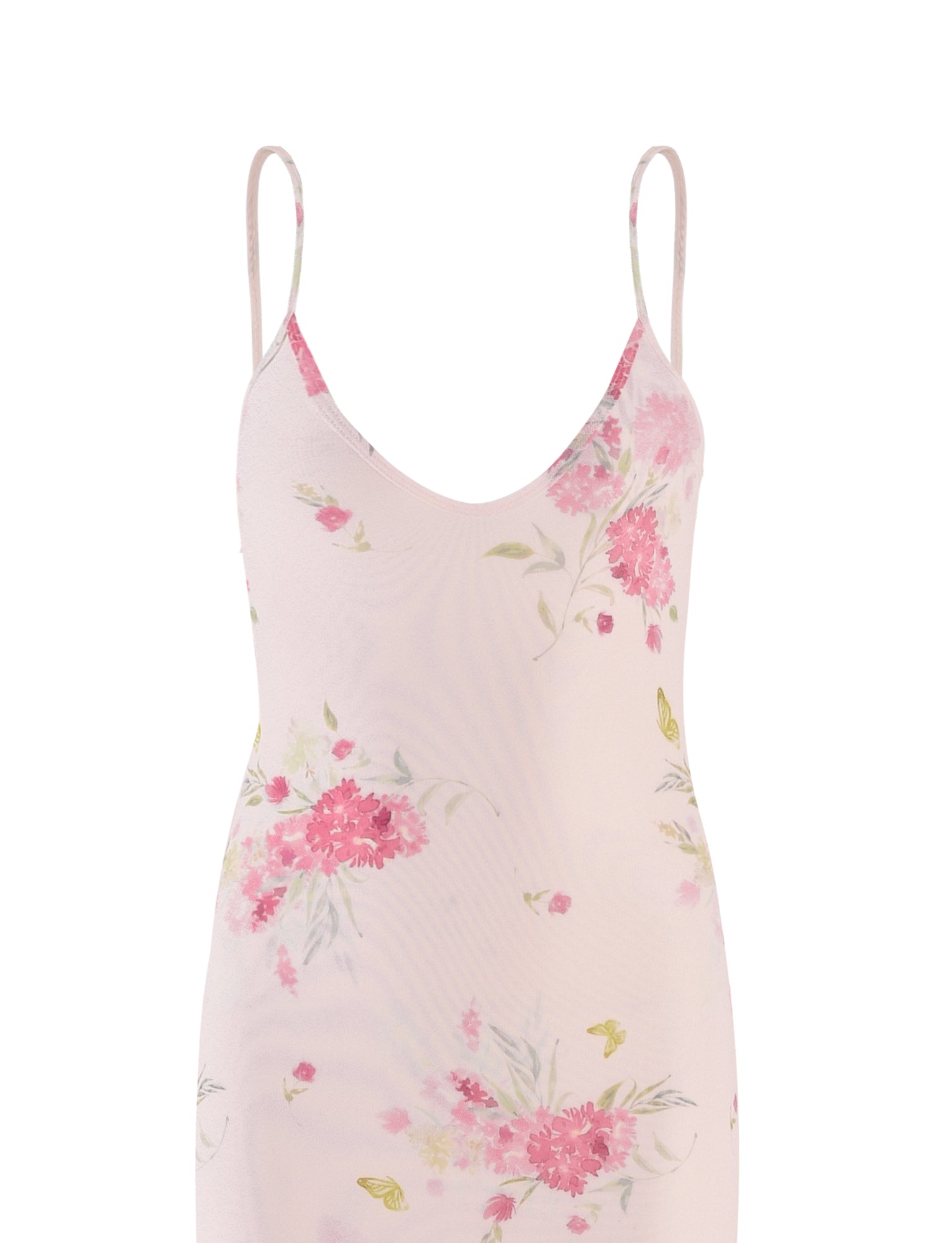 The TIGERMIST OSIRIS DRESS in a pink floral design offers a sleeveless silhouette with thin straps and mesh fabric. It features a delicate watercolor pattern of pink and green flowers, presenting a soft and feminine aesthetic against a light backdrop.