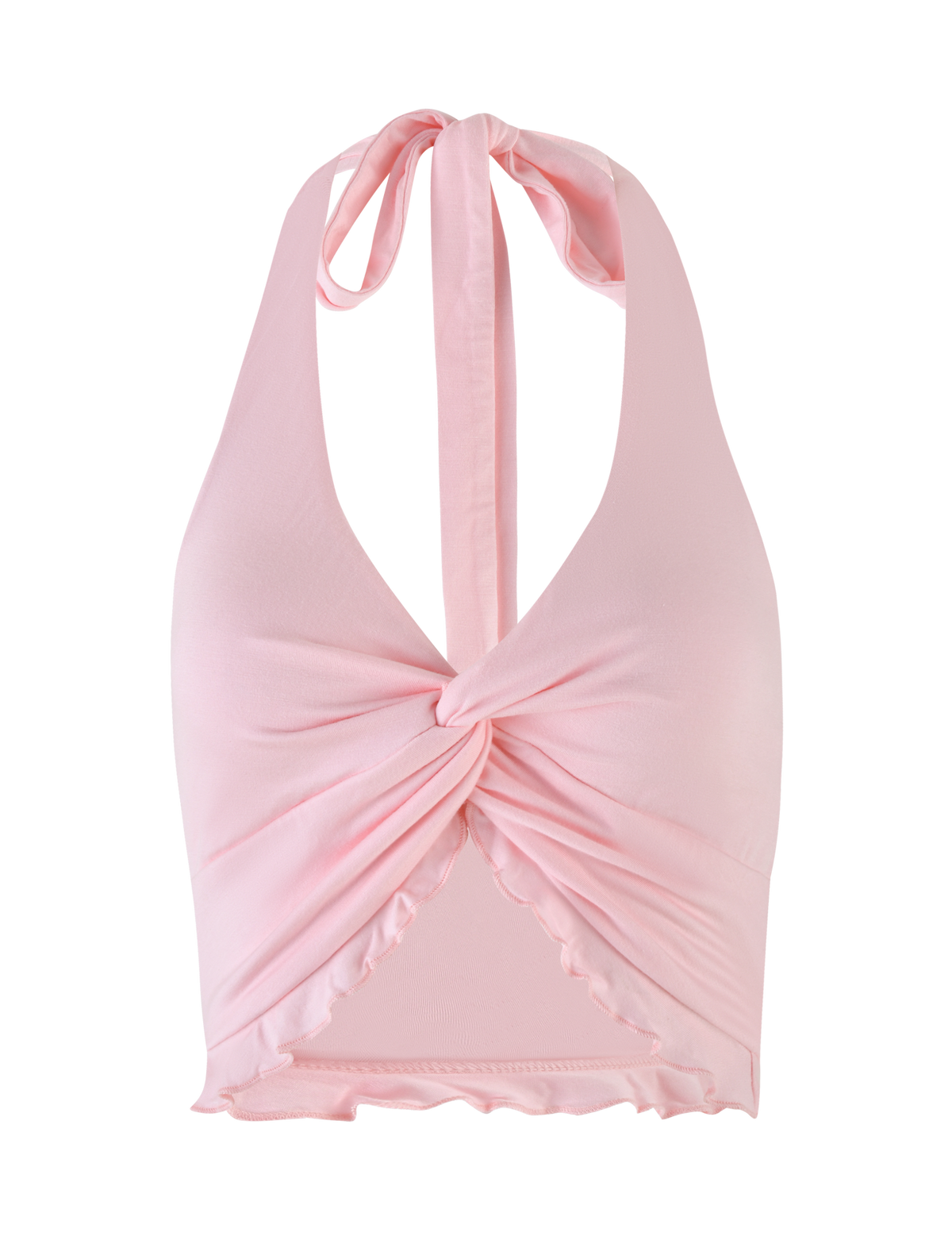 The TIGERMIST KATYA HALTER TOP in pale pink features a front twist knot, ruched fabric, neck tie closure, and a cropped hem with ruffled edges for a soft, feminine touch.