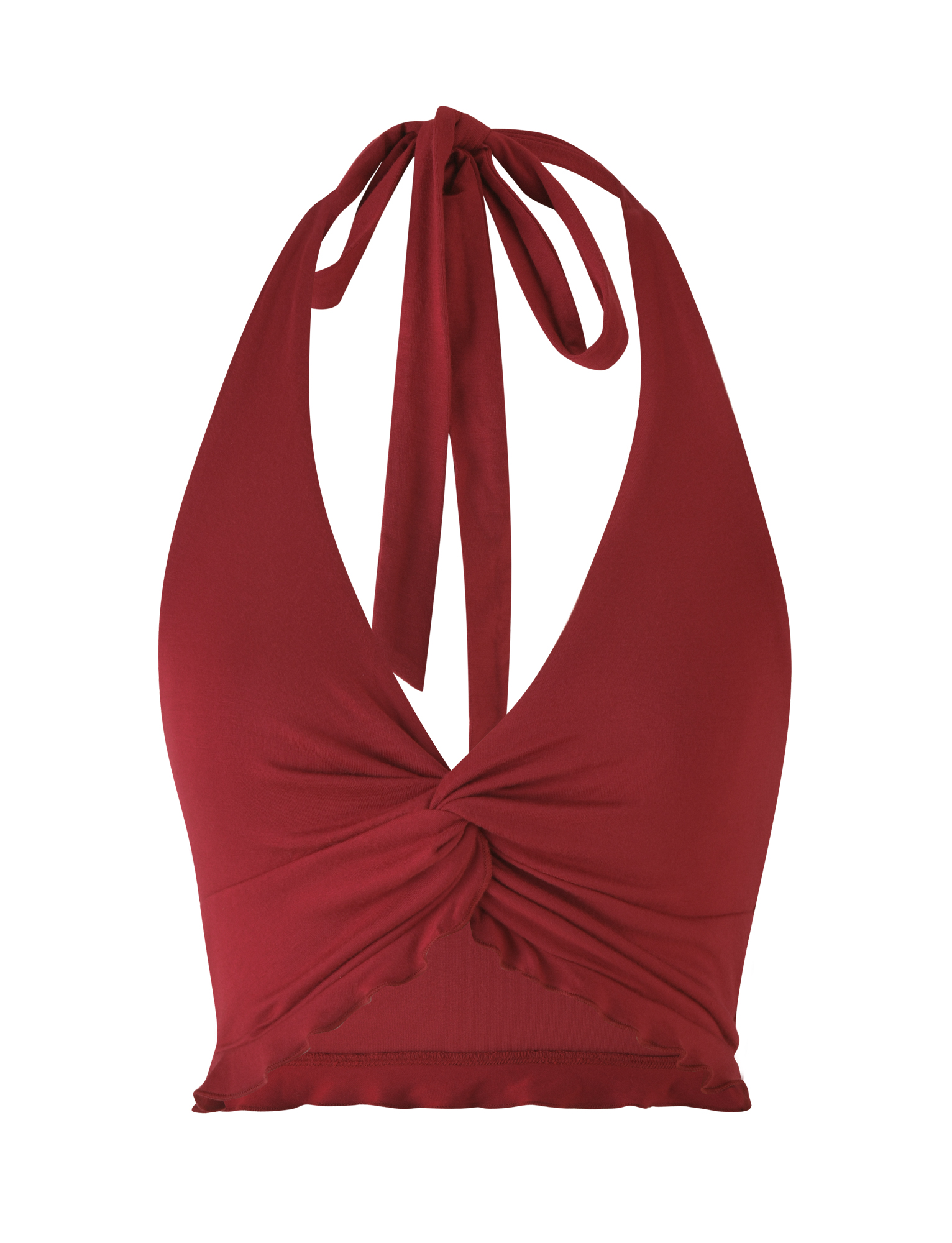 The TIGERMIST KATYA HALTER TOP - RED is a sleeveless crop with a deep red hue, halter neck, twisted front detail, neck tie, and a subtly ruffled hemline.