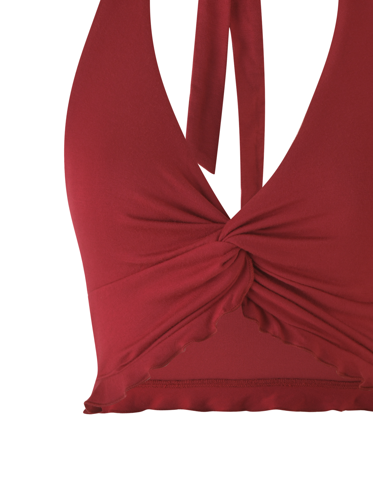 The KATYA HALTER TOP by TIGERMIST is a sleeveless, deep red crop with a halter neck, front twist detail, and ruffled hem. The smooth, stretchy fabric gives it a chic look.