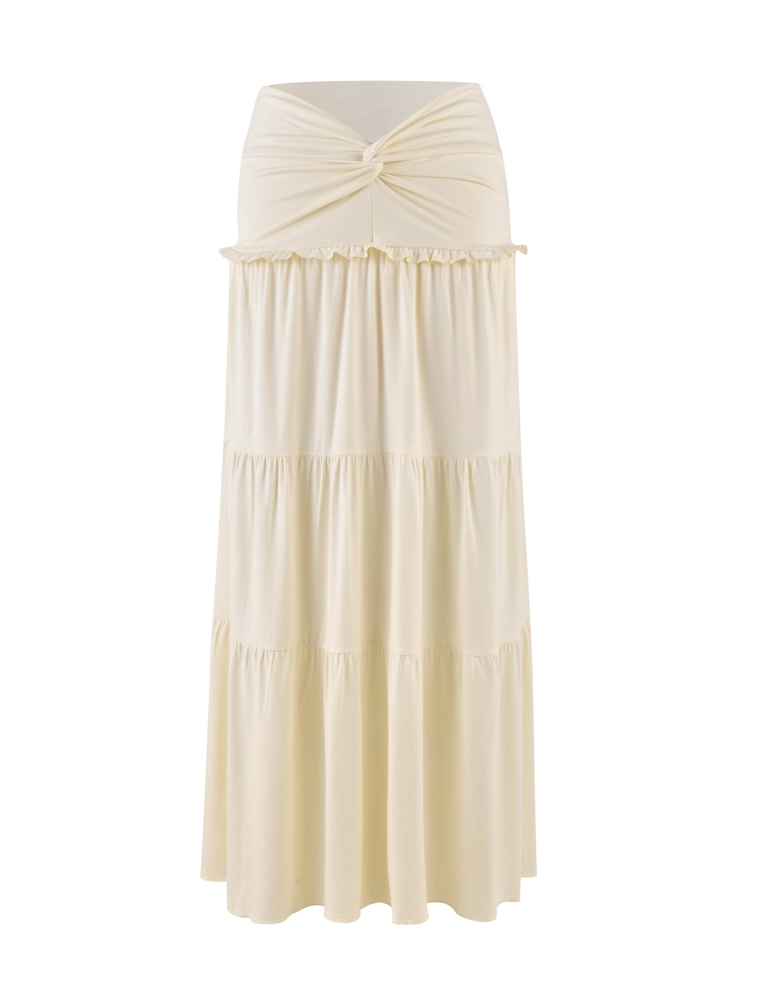 The TIGERMIST KATYA MAXI SKIRT in cream features a waistband twist and tiered fabric for an elegant, flowing look.