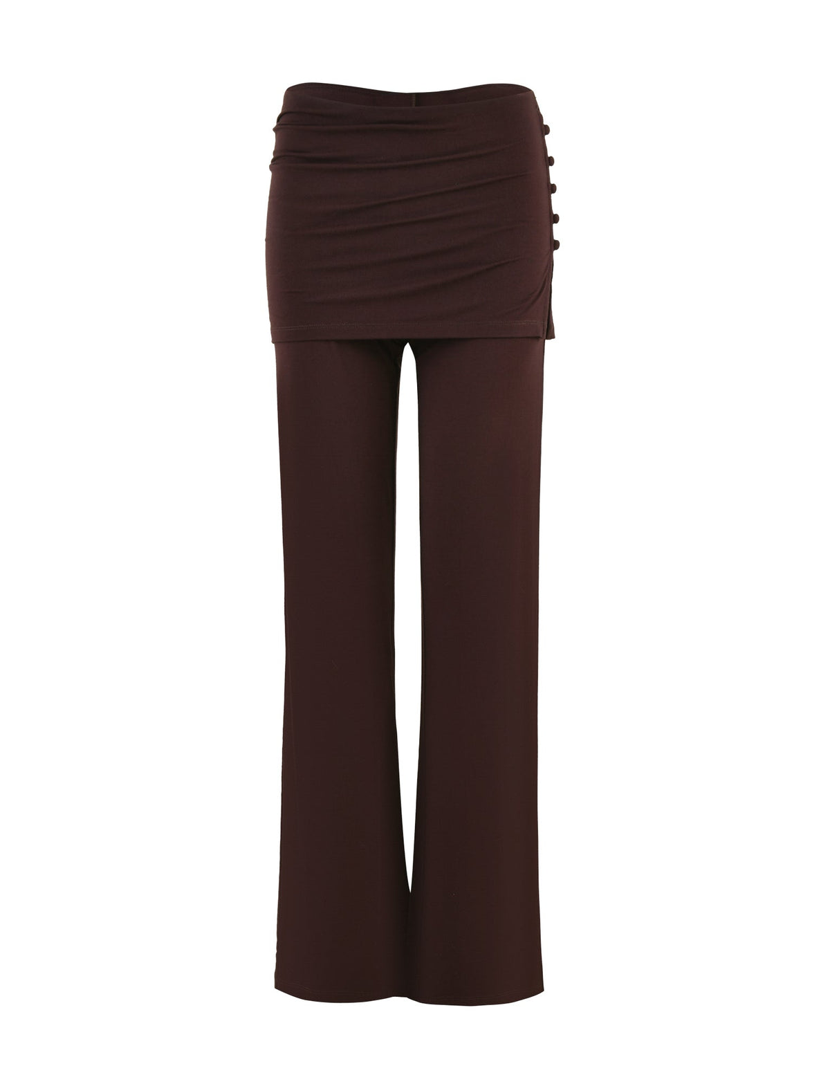 The LEILANI PANT - BROWN : CHOCOLATE by TIGERMIST is designed with a high stretch fabric, showcasing a flared style, a high waistband, and decorative side buttons.