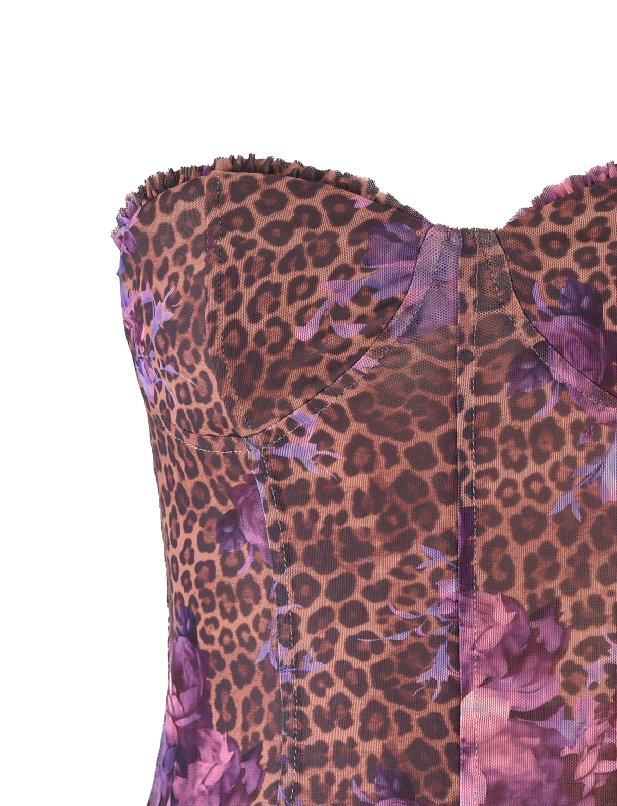 A close-up of the TIGERMIST HOLLIS TOP in Neutral Floral Leopard, featuring a strapless, tailored fit with floral and leopard print, visible seams, and a slightly ruffled top edge.