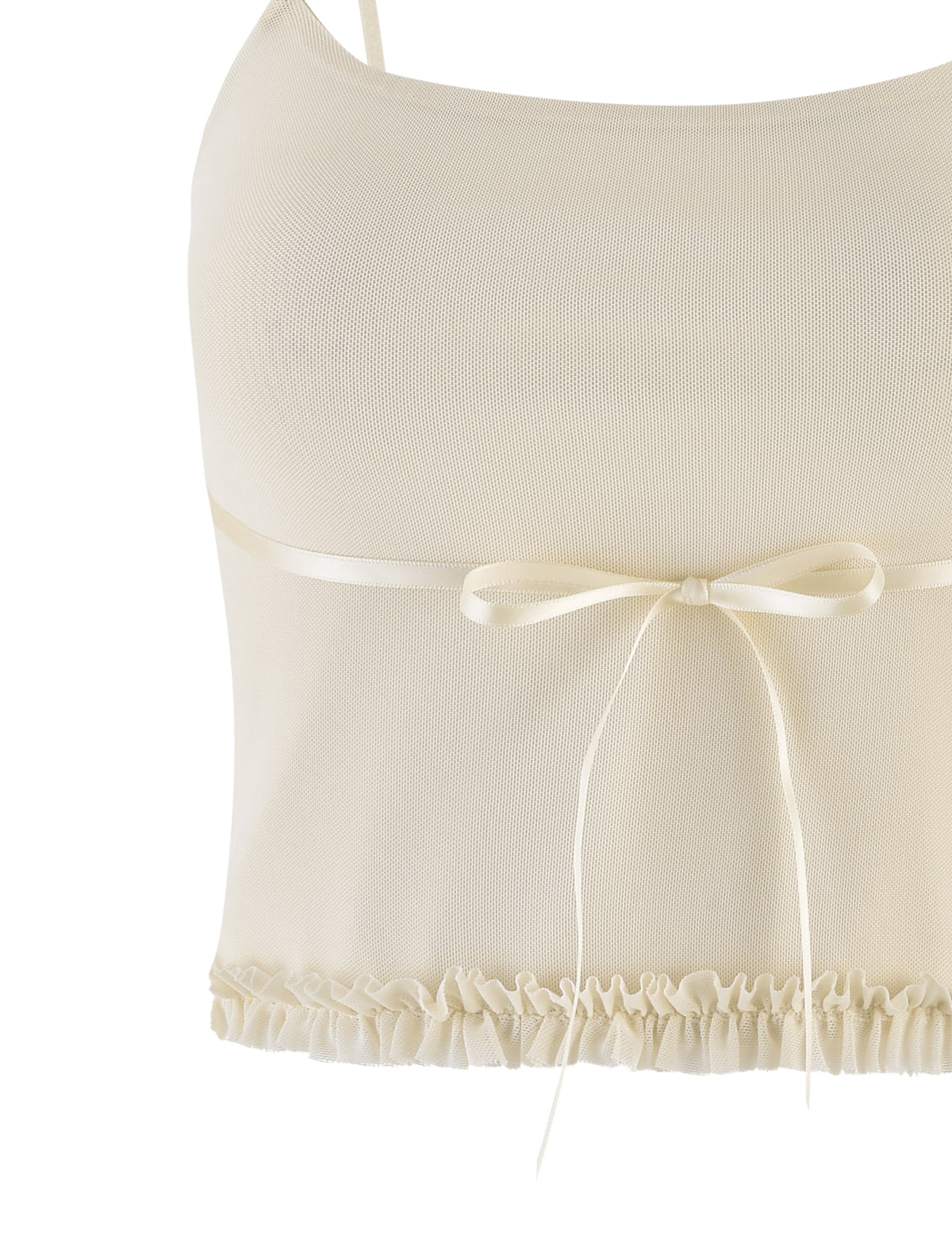 A close-up of the TIGERMIST MAISIE TOP in pale yellow featuring adjustable shoulder straps, a satin bow at the front, mesh fabric, and a ruffled hem.