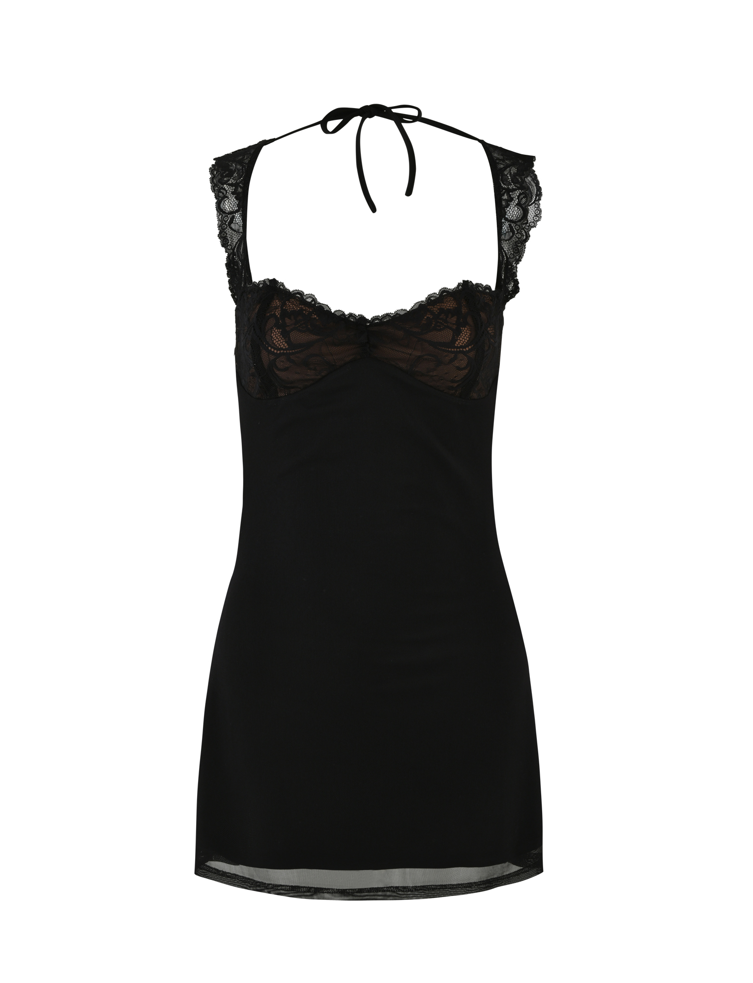 The NYOMI MINI DRESS by TIGERMIST is a black lace mini dress with a fitted silhouette, lace-detailed cups and straps, halter neck tie, open back, and smooth opaque lower half. Shown on a plain white background.