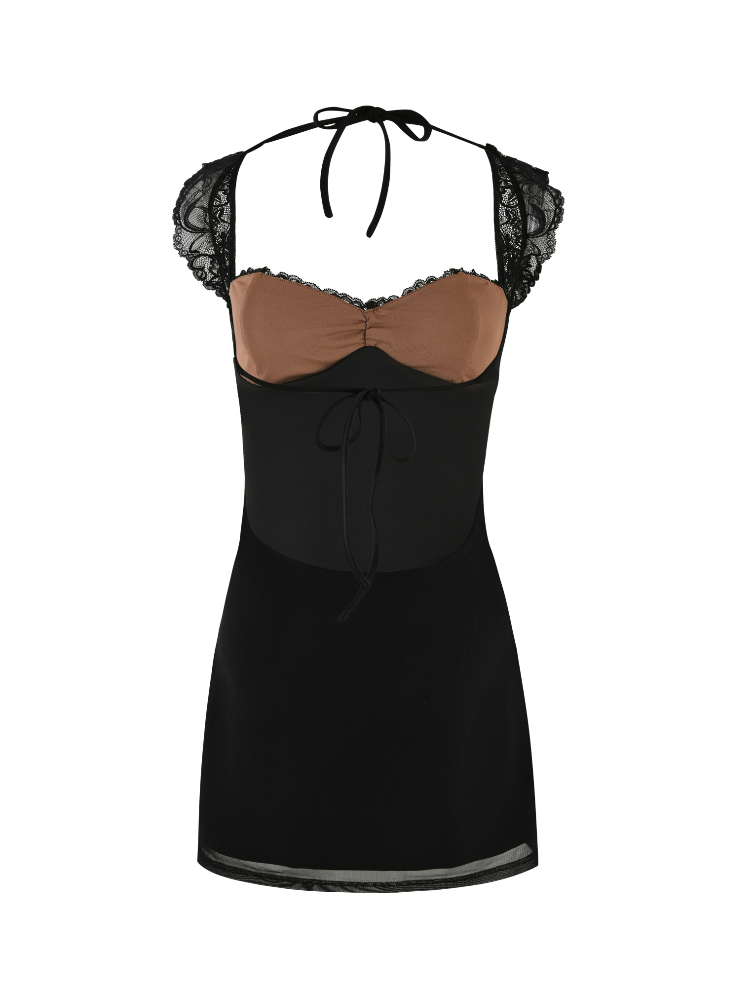 The NYOMI MINI DRESS by TIGERMIST is a black lace mini dress featuring a brown bodice, lace cap sleeves, tie neckline, and decorative front bow, made from high-stretch fabric and shown on a white background.