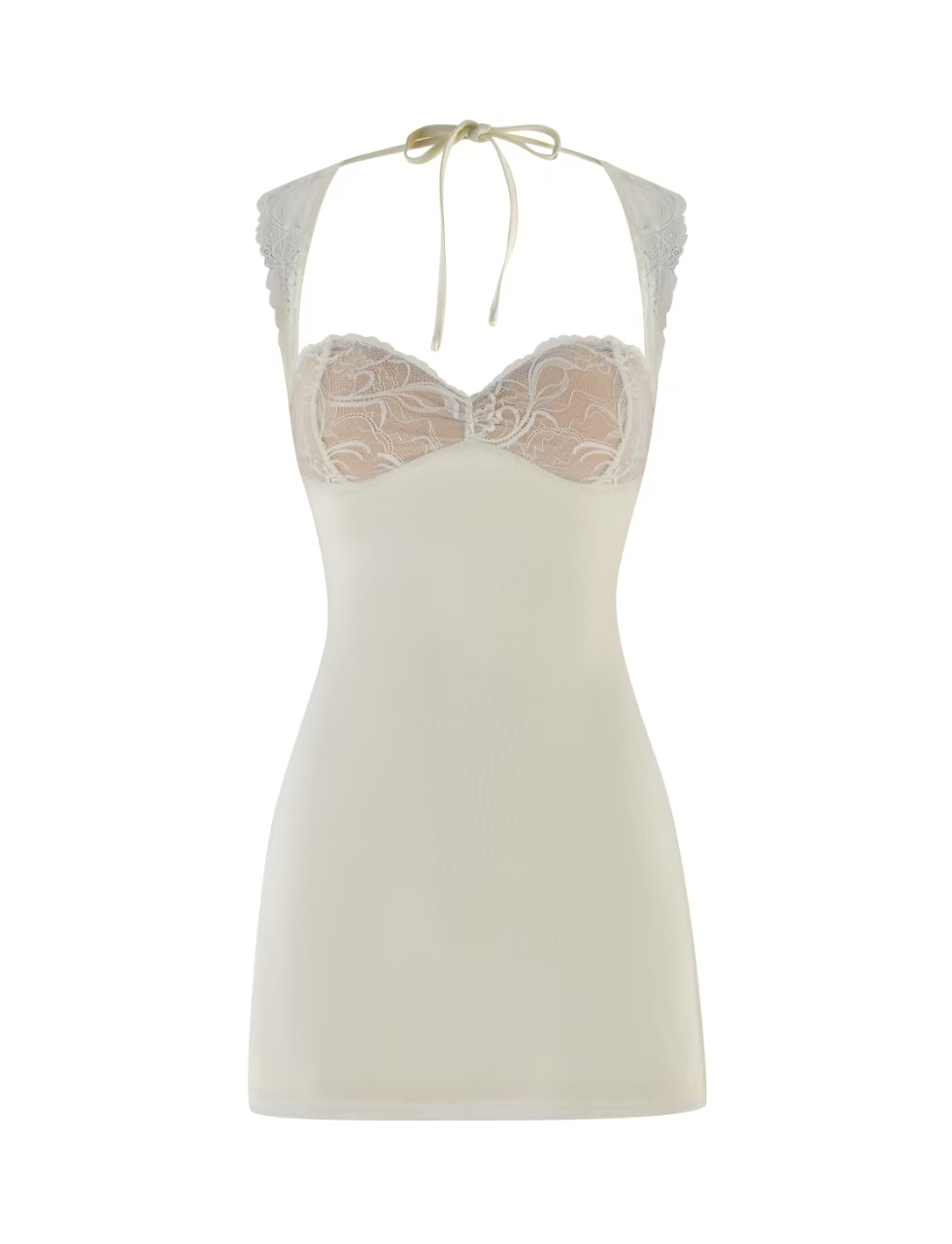 The NYOMI MINI DRESS - WHITE : CREAM by TIGERMIST is a cream-colored, sleeveless lace mini dress with lace cups, a sheer overlay, halter neck tie, delicate bust detailing, and an elegant open back.