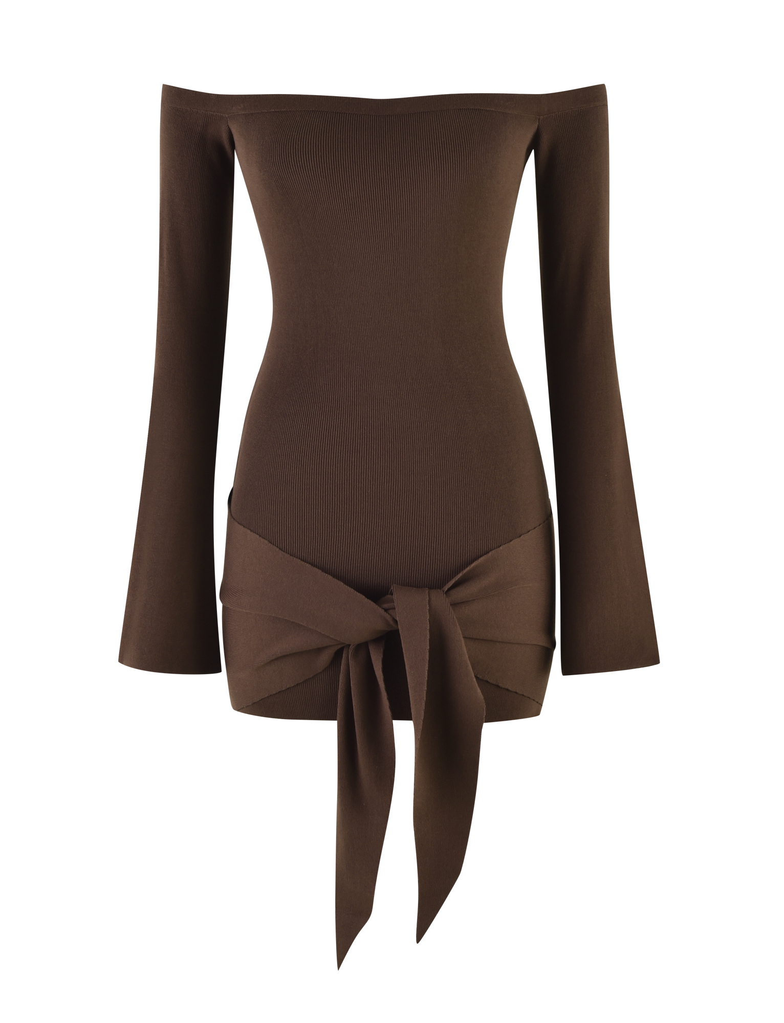 The TIGERMIST CYPRESS MINI DRESS - BROWN : CHOCOLATE has an off-the-shoulder neckline, long sleeves, a fitted silhouette, and a wide matching sash at the waist. Shown in rich chocolate brown on a plain white background.