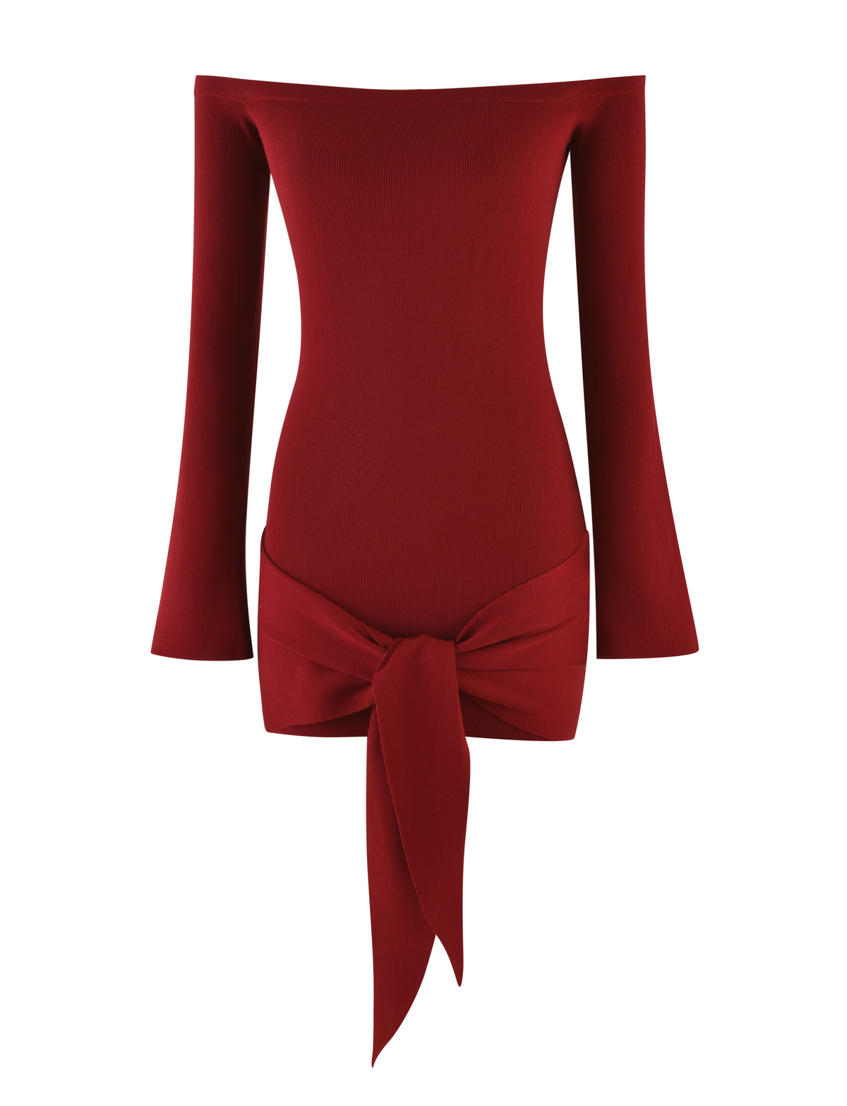 The TIGERMIST CYPRESS MINI DRESS - RED : WINE is a fitted, long-sleeve dress with an elastic off-the-shoulder neckline and a wide matching waistband that ties into a front knot.