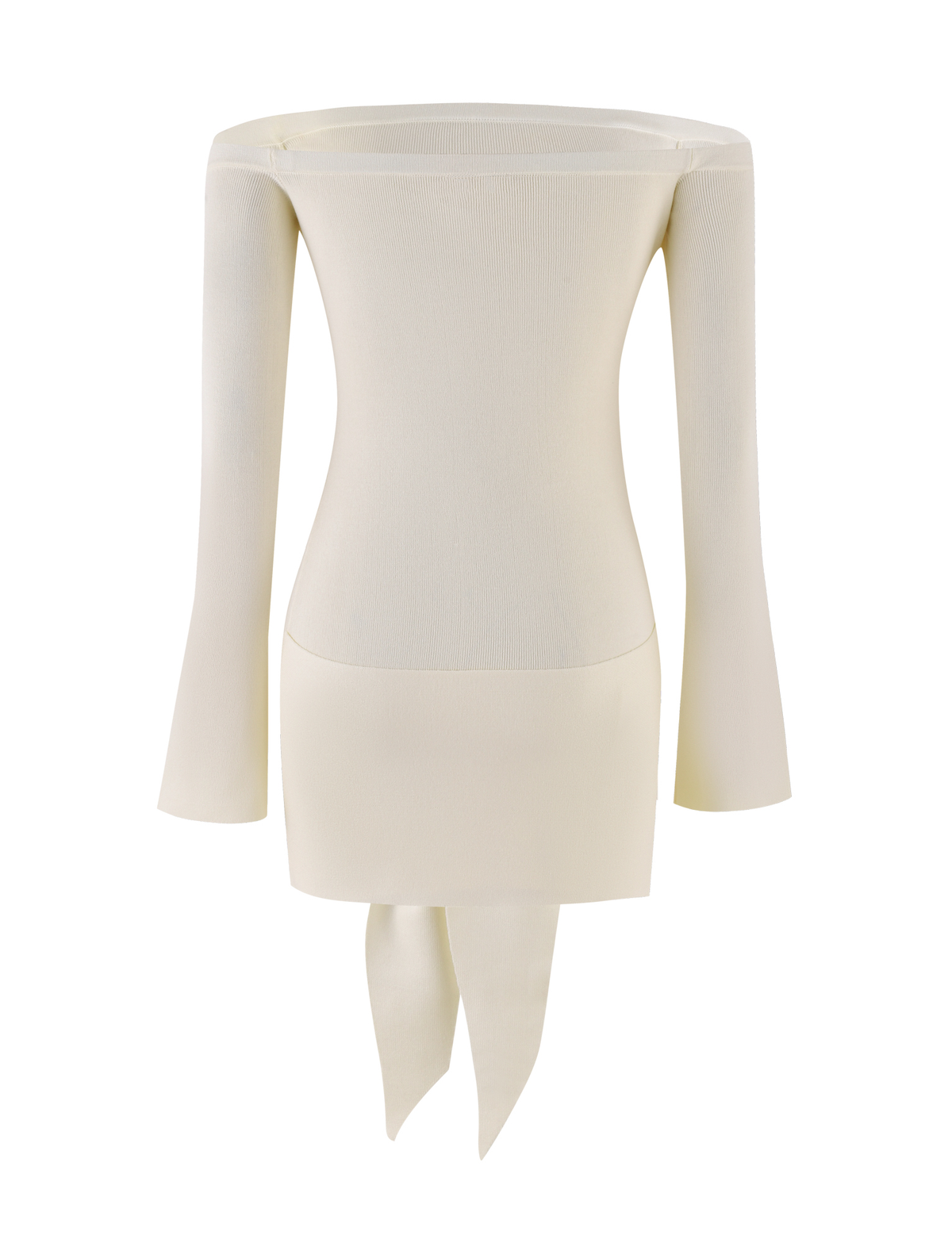 The CYPRESS DRESS - WHITE : CREAM by TIGERMIST is an off-white, long-sleeve knit bodycon dress with an off-the-shoulder neckline and front asymmetrical pointed hem panels. Stretchy fabric complements its minimalist, modern style.