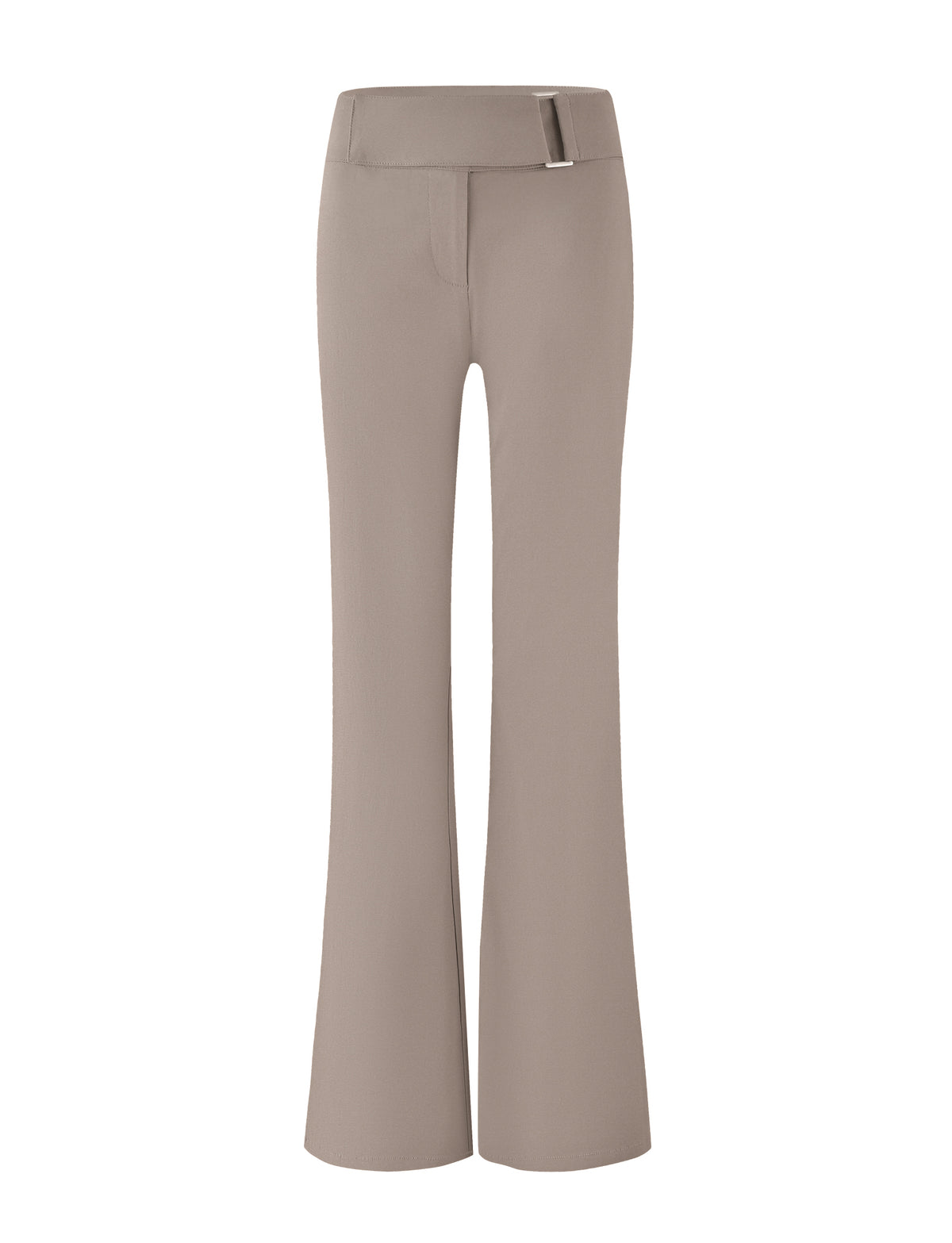 A pair of brown and tan high-waisted trousers with flared legs and a streamlined look. The VESPER PANT from TIGERMIST features a wide waistband with a small, decorative metal buckle on the side.