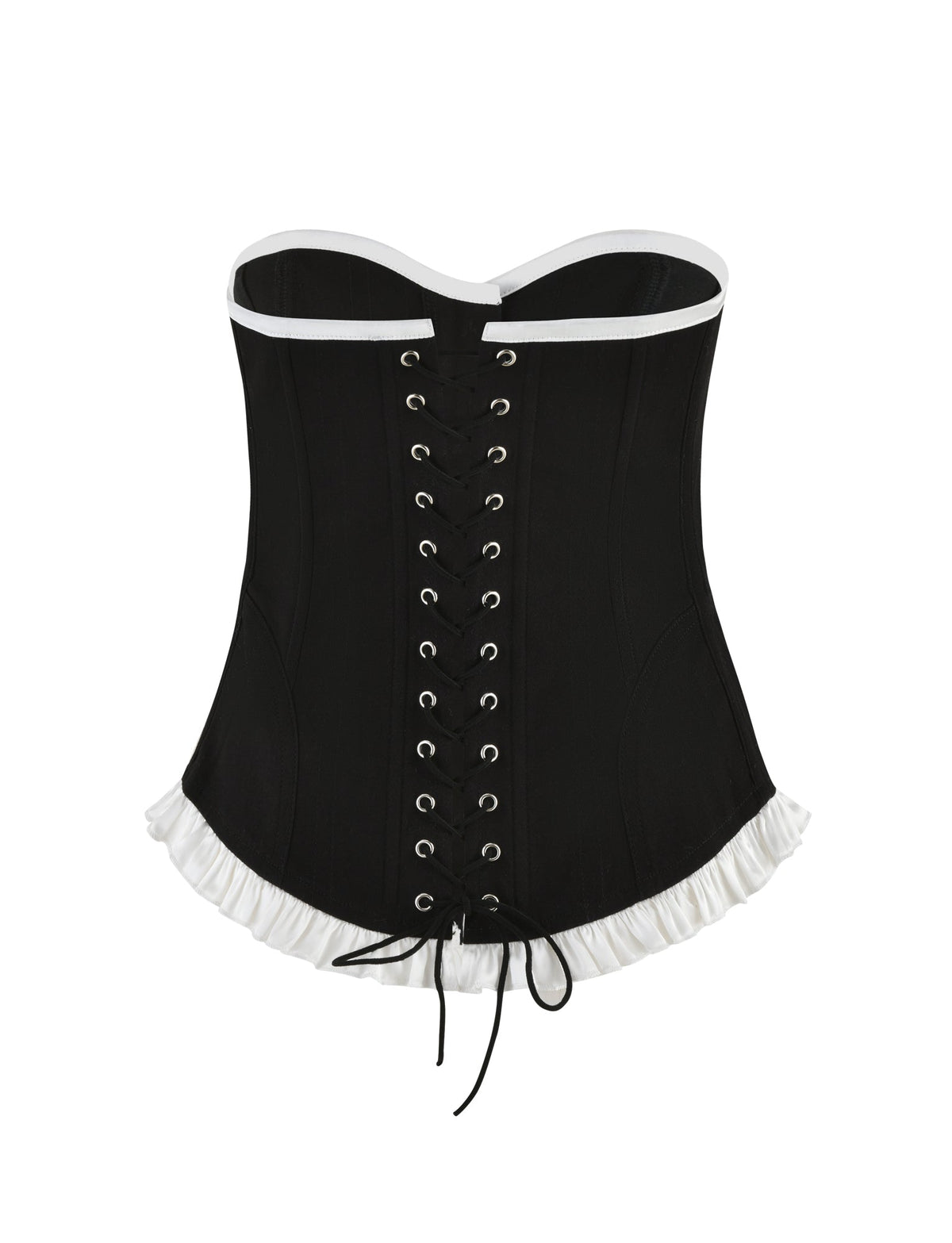 The TIGERMIST MILLIE CORSET 2.0 in black features a sweetheart neckline, front lacing with eyelets, and white trim. This bodycon fit corset is enhanced with a white ruffled hemline and black laces tied in a bow at the bottom.