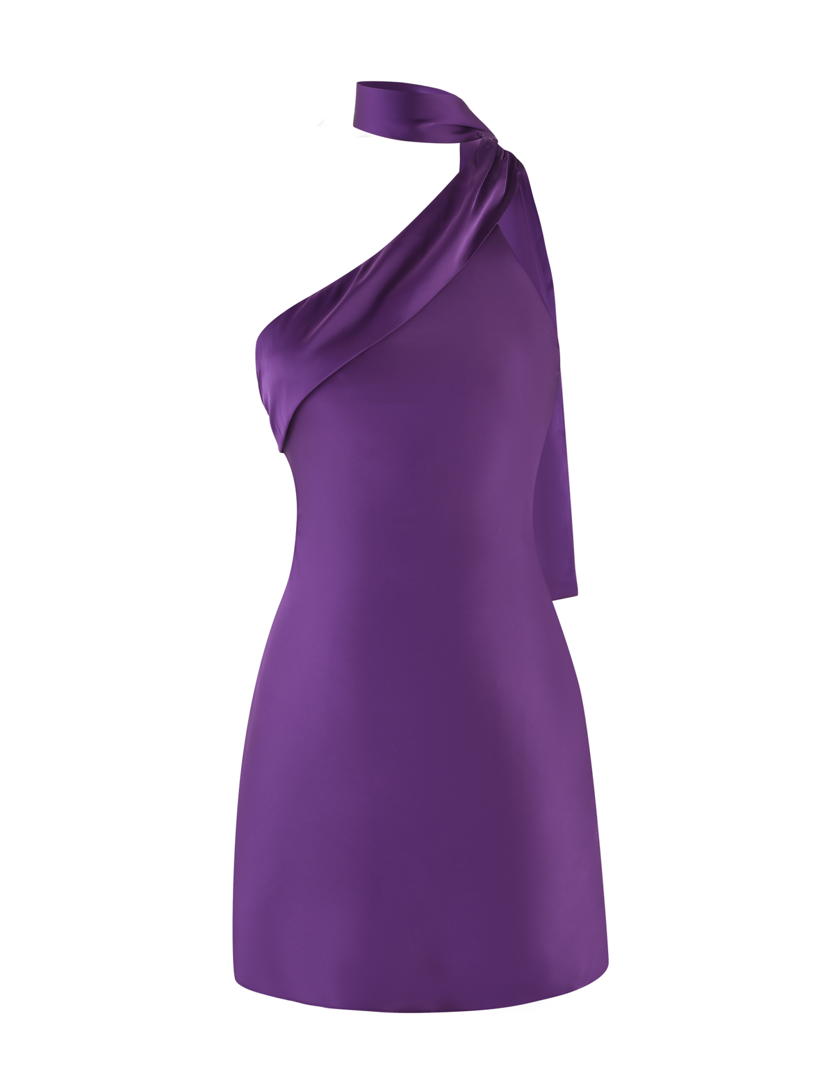 The TIGERMIST ALLIRA MINI DRESS 2.0 - PURPLE : LAVENDER is a fitted, lavender satin mini dress with an asymmetrical neckline, one draped neck strap, a smooth finish, and a short hemline.