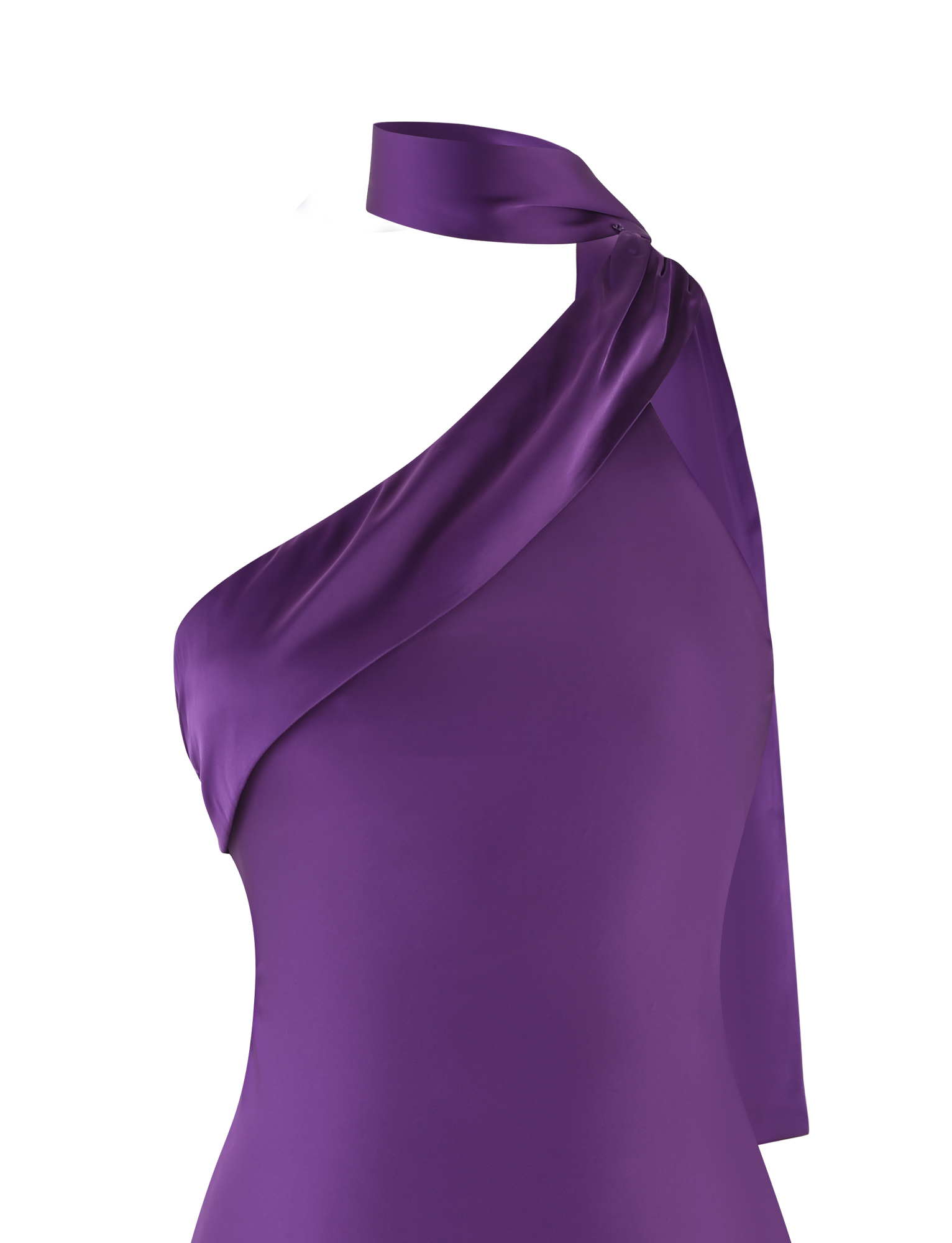The TIGERMIST ALLIRA MINI DRESS 2.0 in lavender features a sleeveless satin design with a shiny, asymmetrical neckline and comes with a matching neck scarf, showcased against a plain white background.