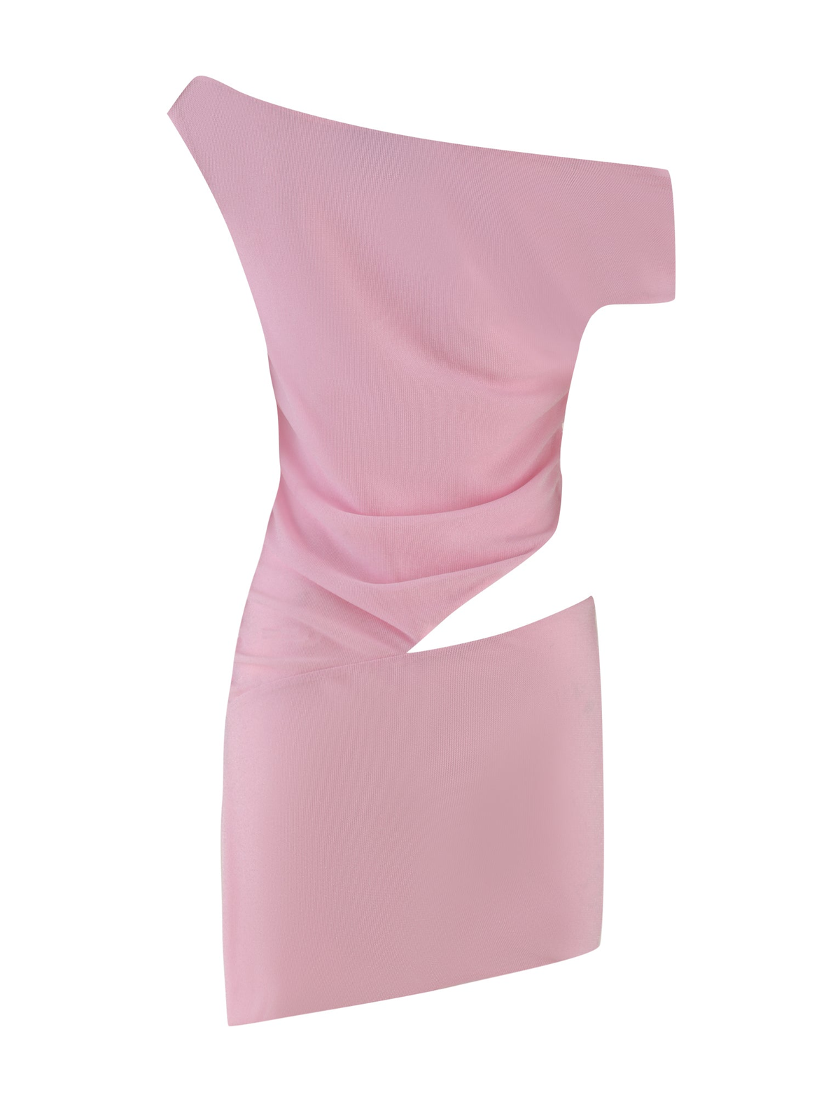 The COBI MINI DRESS 2.0 - PINK by TIGERMIST is a baby pink one-shoulder mini dress with an asymmetrical neckline and cut-out waist, made from soft glitter fabric and photographed on a plain white background.