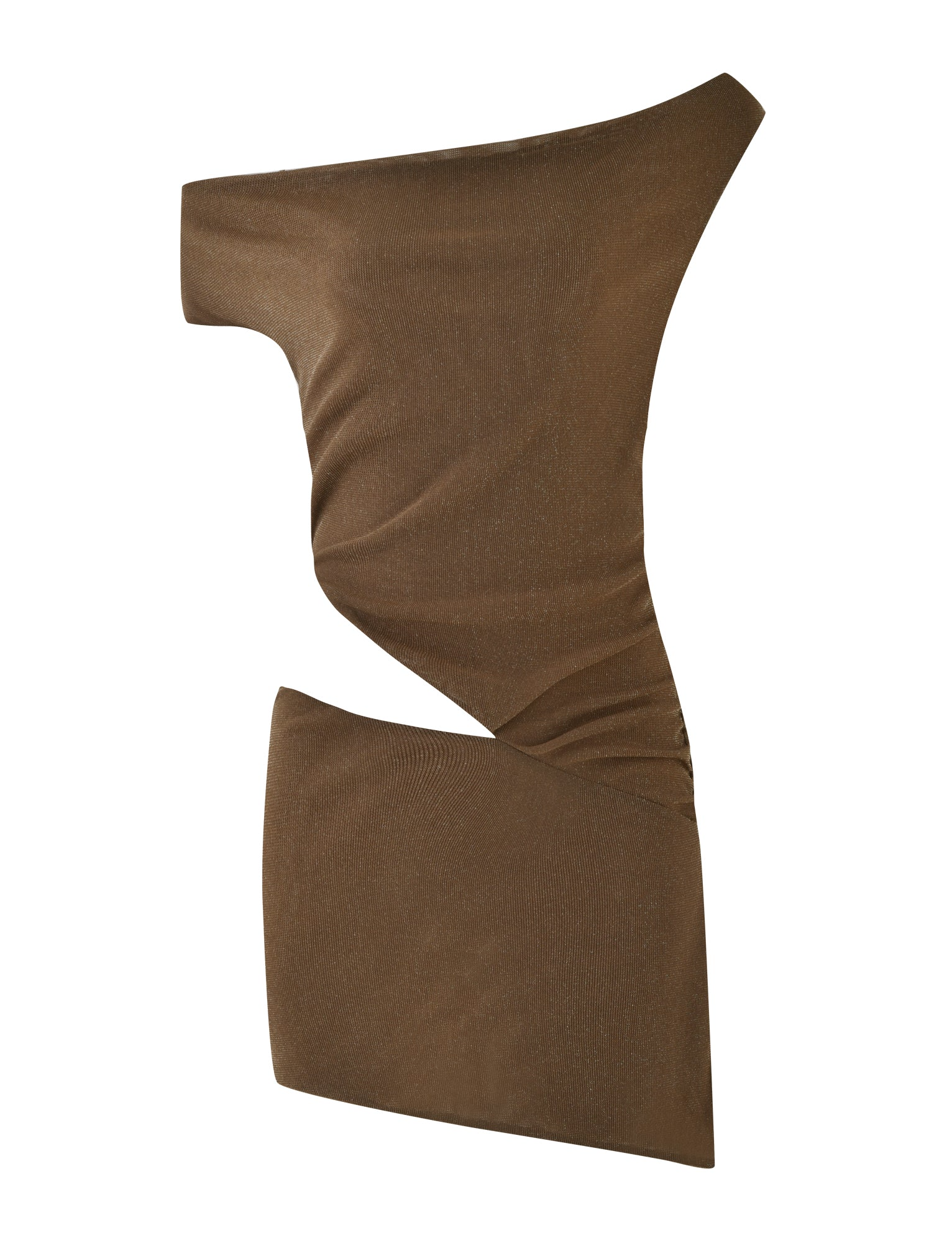 The TIGERMIST COBI MINI DRESS 2.0 in brown features an asymmetrical design with a fitted waist, single sleeve, and glitter fabrication, shown flat against a white background.