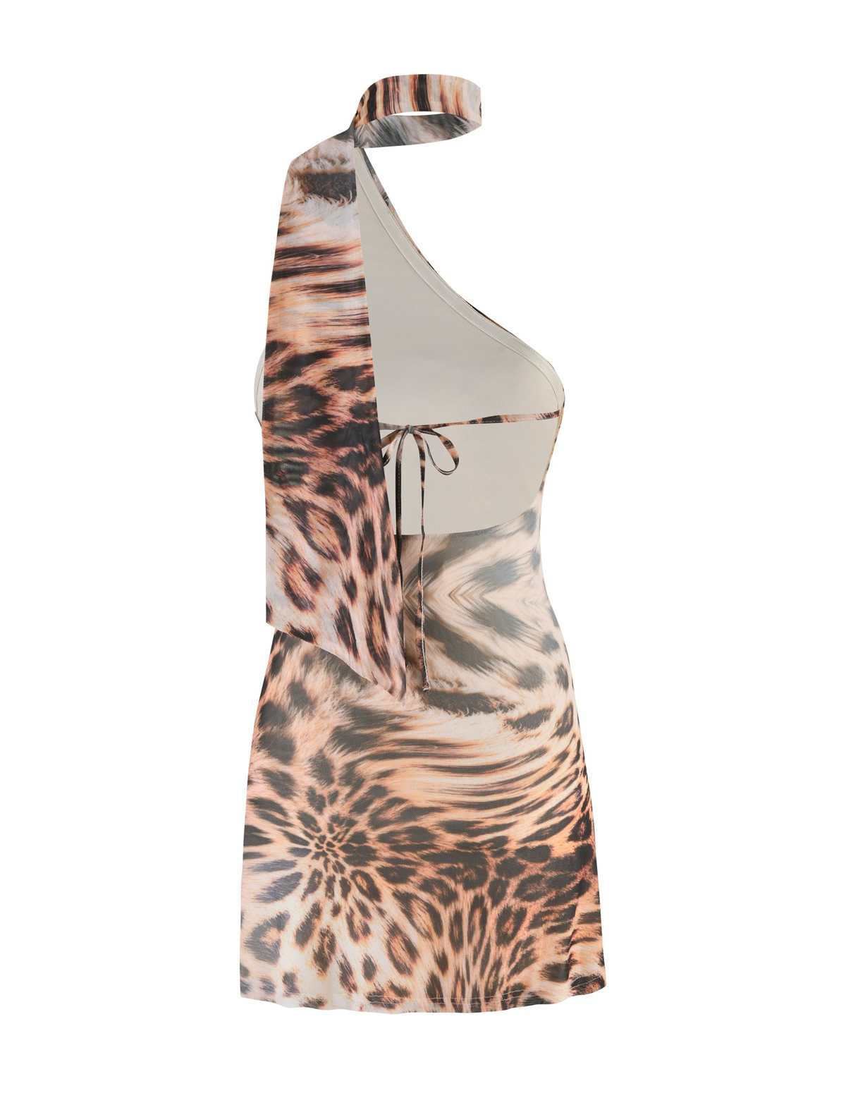 The TIGERMIST ALLIRA MESH MINI DRESS 2.0 in LEOPARD HAZE is a sleeveless mini with an asymmetrical neckline and a wide, scarf-like strap for signature one-shoulder style, finished in a bold leopard print.