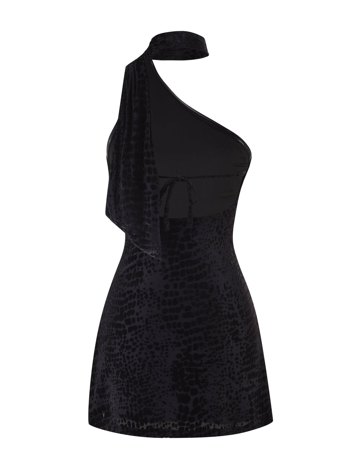 Introducing the Allira Burnout Mini Dress 2.0 - Black: Snake by TigerMist, a sophisticated one-shoulder black mini dress with an elegant tie detail. Made with velvet burnout fabric, it showcases a subtle textured pattern for a modern and chic appearance.