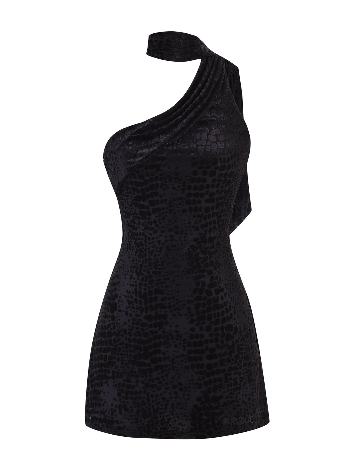 The ALLIRA BURNOUT MINI DRESS 2.0 in black by TIGERMIST is a gorgeous one-shoulder piece with a textured, shiny snake pattern. Its draped shoulder design adds an elegant and stylish touch, making it ideal for any sophisticated occasion.
