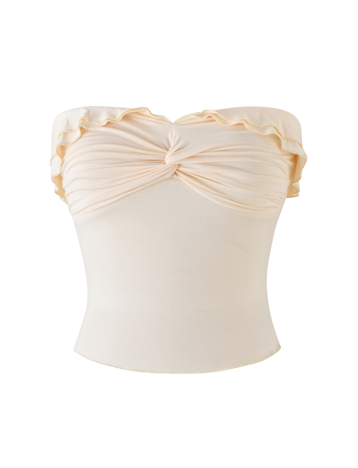 The DENALI BOOB TUBE - NEUTRAL : BONE by TIGERMIST is a strapless, off-white top with a twisted front and ruffle trim at the neckline, crafted from buttery jersey and shown on a plain white background.