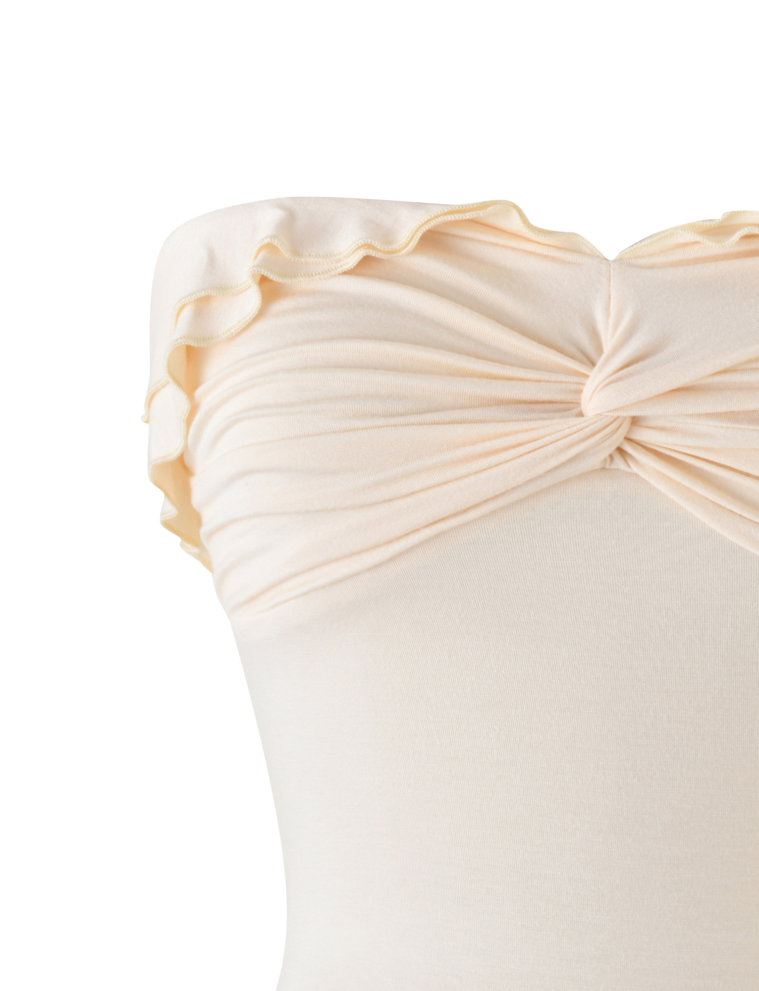 Close-up of the DENALI BOOB TUBE - NEUTRAL : BONE by TIGERMIST, featuring soft jersey in a twisted knot boob-tube silhouette with off-shoulder ruffled edges and gentle gathers in a light bone hue.