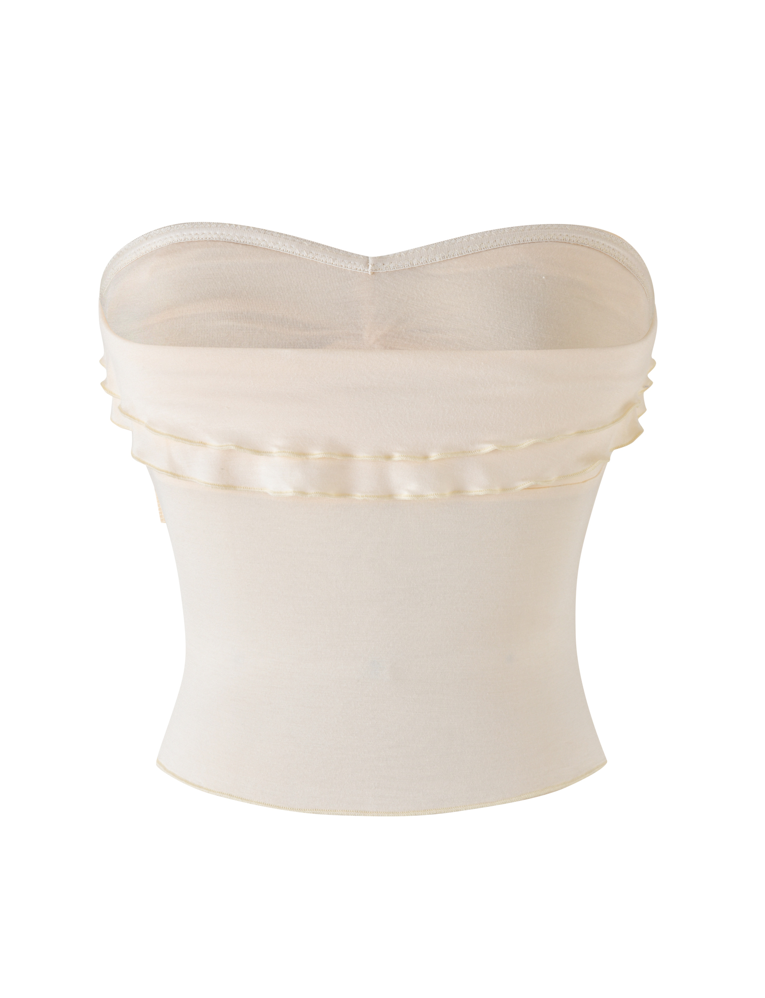 The TIGERMIST DENALI BOOB TUBE in Neutral: Bone is a sheer, strapless top with a classic silhouette, layered details at the top hem, and a subtle sheen, shown against a white background.