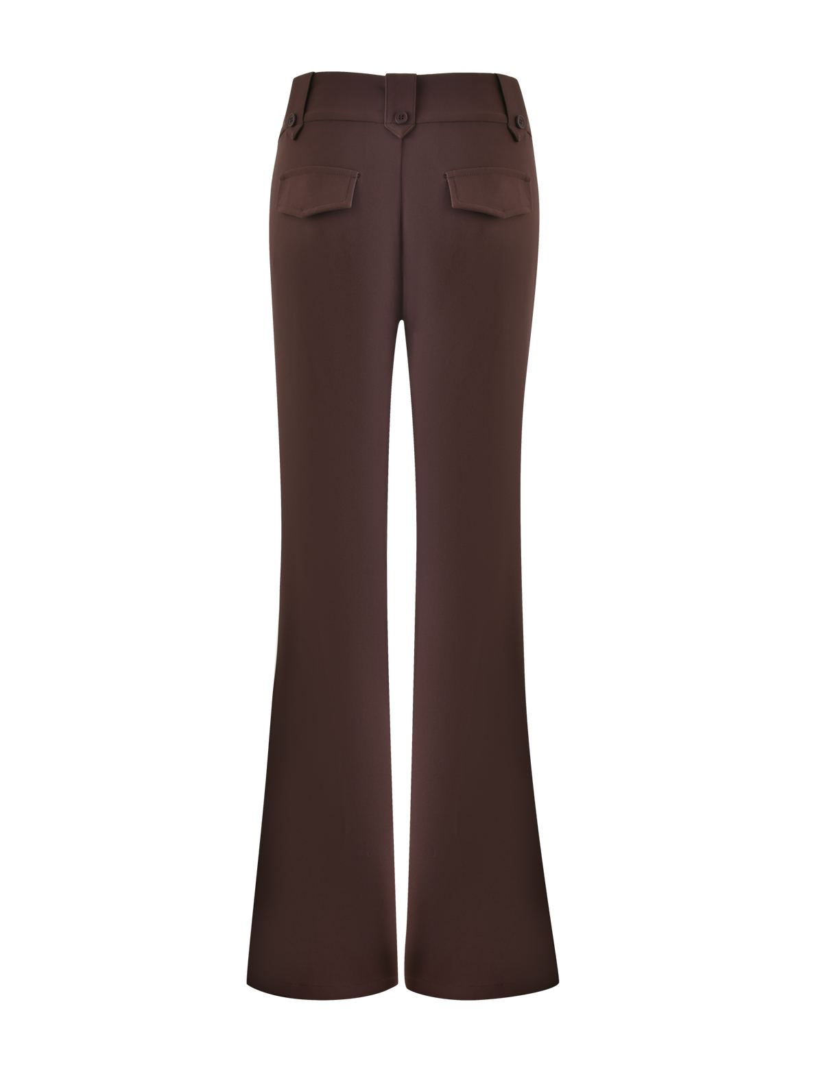 The KITTIE PANT - BROWN : CHOCOLATE by TIGERMIST is shown from the back, featuring two flap pockets, a back hem slit, and a subtle flare for added style.