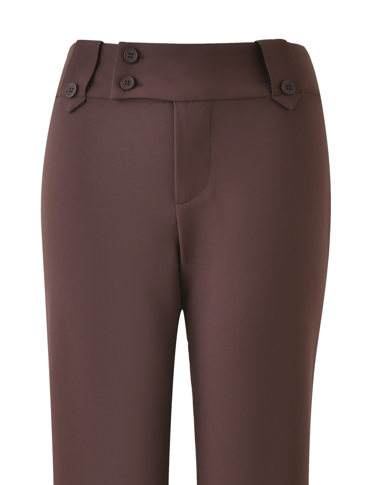 The TIGERMIST KITTIE PANT - BROWN : CHOCOLATE is a high-waisted pant with decorative waistband buttons, subtle front seams, and a flattering flare fit, shown waist down on a plain background.