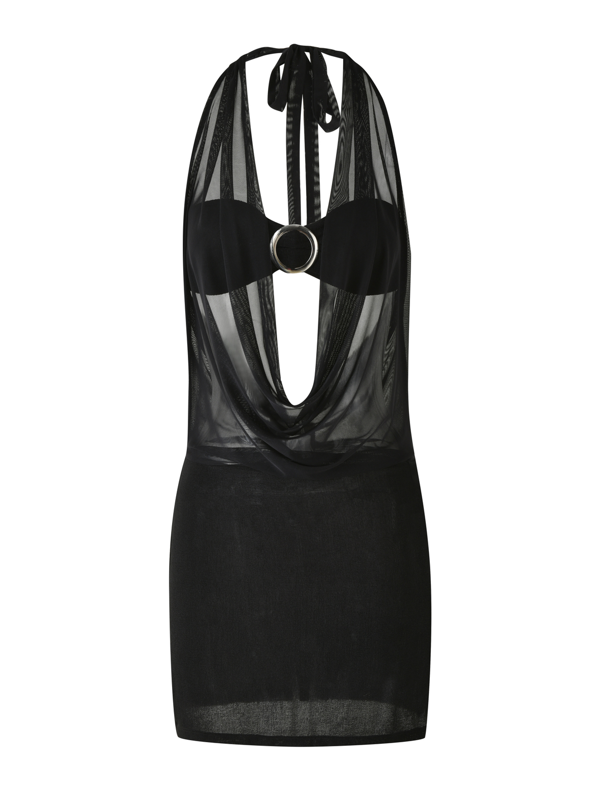The MAKENA TWO-PIECE DRESS - BLACK by TIGERMIST features a sheer black mini design with a plunging neckline, open back, mesh overlay inspired by the Mesh Cowl Neck Halter, a central bust ring, and a solid mini skirt for an alluring look.
