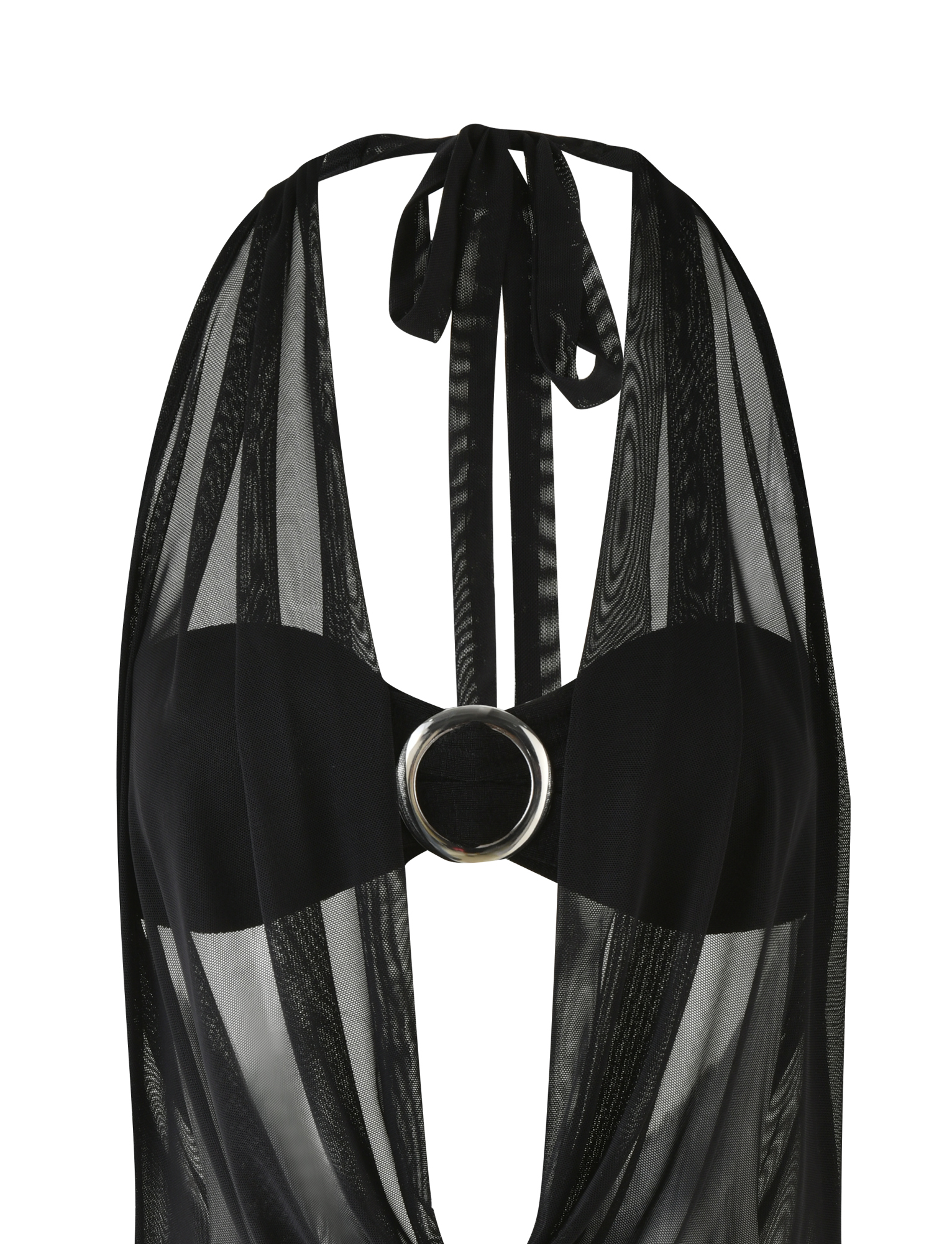 Introducing the MAKENA TWO-PIECE DRESS in black by TIGERMIST, featuring a cowl neck halter top with a sheer striped lurex overlay, deep neckline, and a statement silver buckle at the center front.