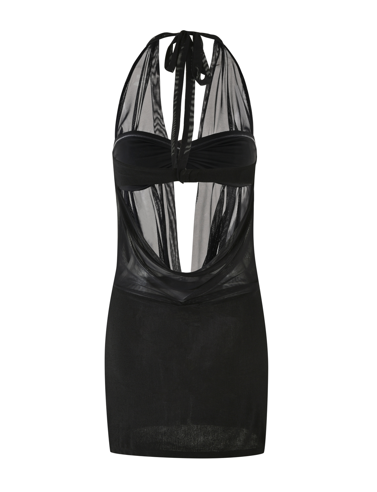 The MAKENA TWO-PIECE DRESS - BLACK by TIGERMIST features a sleeveless black cowl neck halter with an open back, draped front, sheer mesh top, and contrasting solid skirt for a bold look.