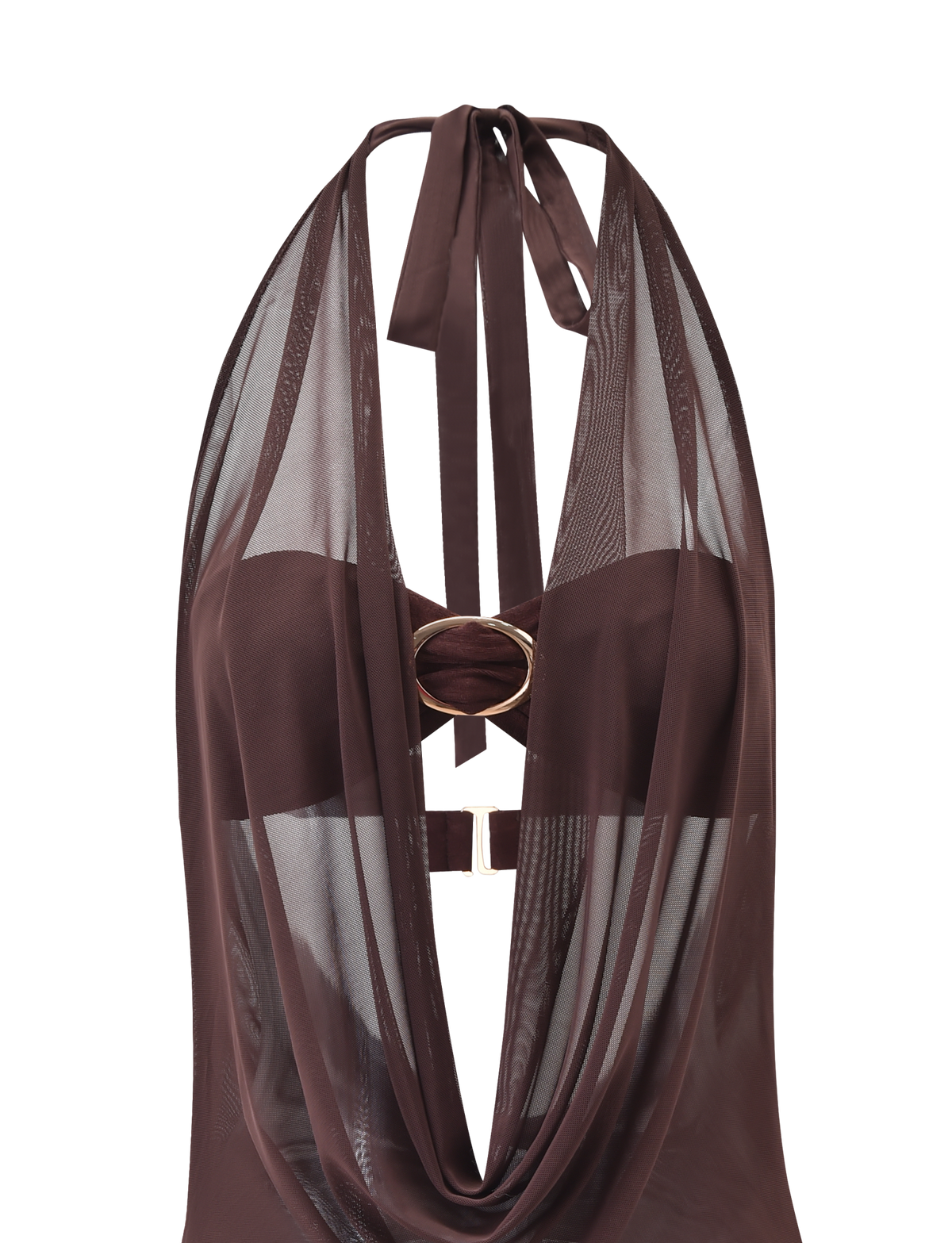 The MAKENA TWO-PIECE DRESS in Chocolate by TIGERMIST features a stylish cowl neckline, sheer mesh panels, a central gold ring detail, and neck ties for a modern look that blends opaque and transparent fabrics.