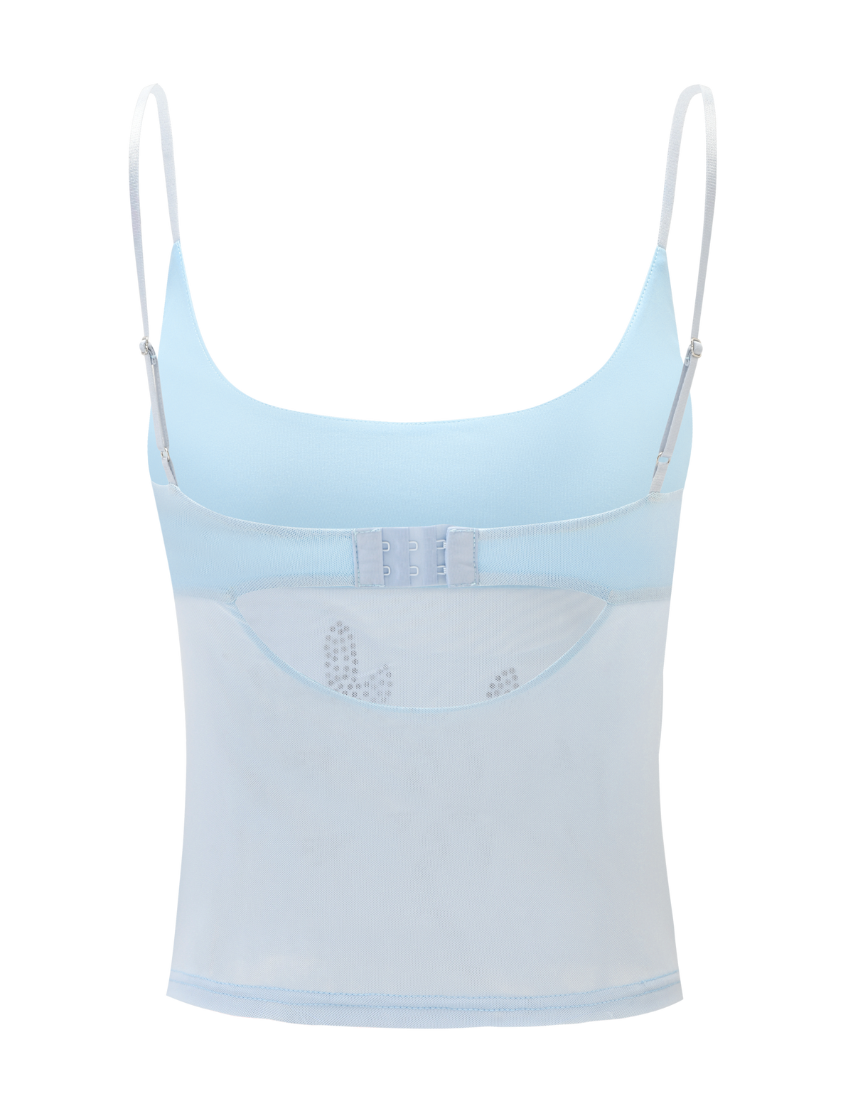 The TIGERMIST OCTAVIA TOP - BABY BLUE is a camisole featuring adjustable straps, a sheer mesh lower section, supportive built-in band, and double hook-and-eye back closure.