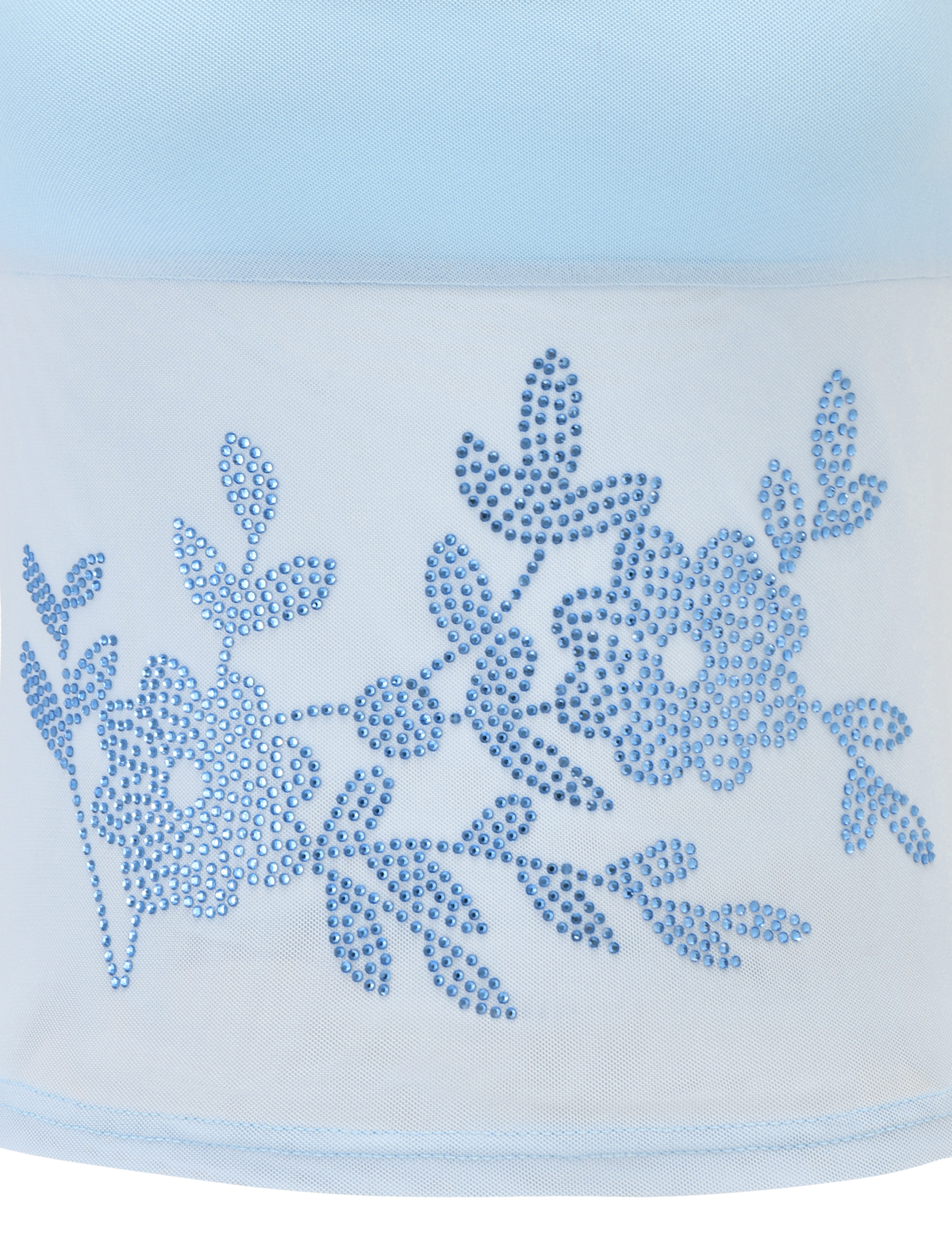 Sheer baby blue fabric adorned with small blue rhinestones forms blooming floral and leaf patterns on the TIGERMIST OCTAVIA TOP - BABY BLUE, creating an enchanting and delicate look.