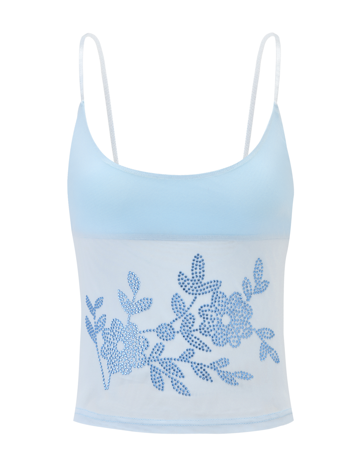 The OCTAVIA TOP - BABY BLUE by TIGERMIST is a baby blue spaghetti strap crop top with a sheer mesh bottom panel and an elegant blue floral embellishment on the front.